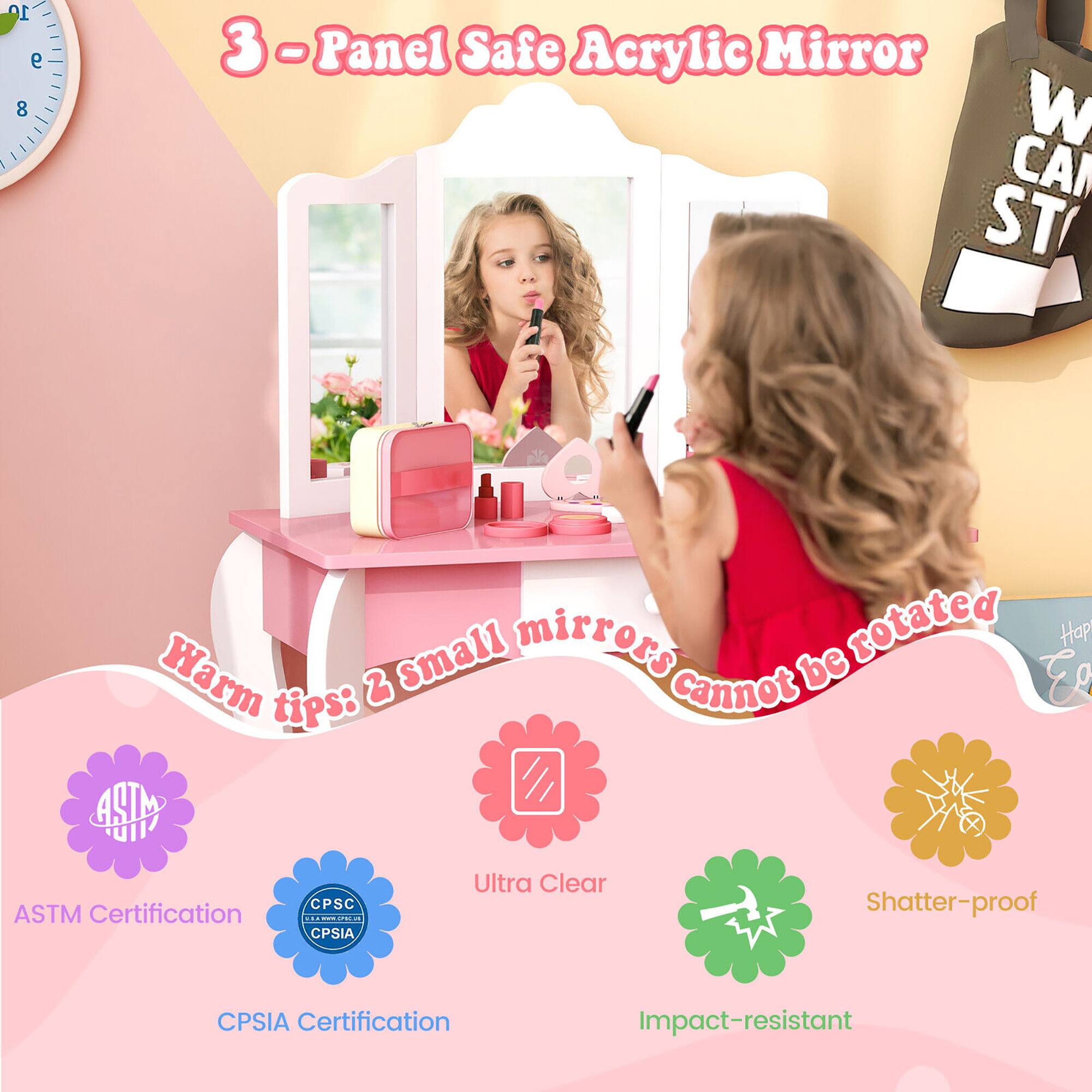 3-Panel Safe Acrylic Mirror

Warm tips: 2 Small mirrors cannot be rotated

ASTM Certification
CPSIA Certification

Ultra Clear
Shatter-proof
Impact-resistant