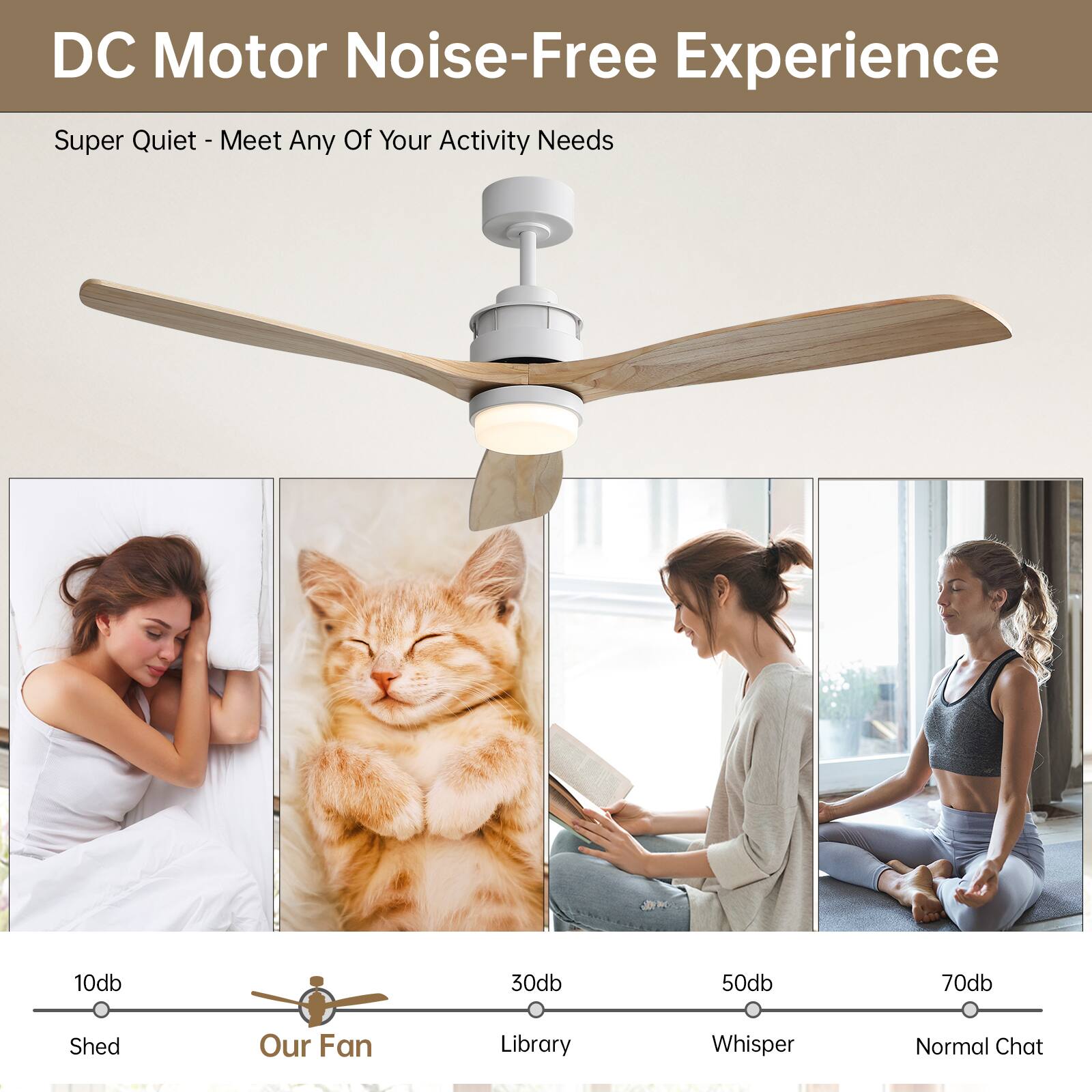 DC Motor Noise-Free Experience

Super Quiet - Meet Any Of Your Activity Needs

10db - Shed  
30db - Library  
50db - Whisper  
70db - Normal Chat