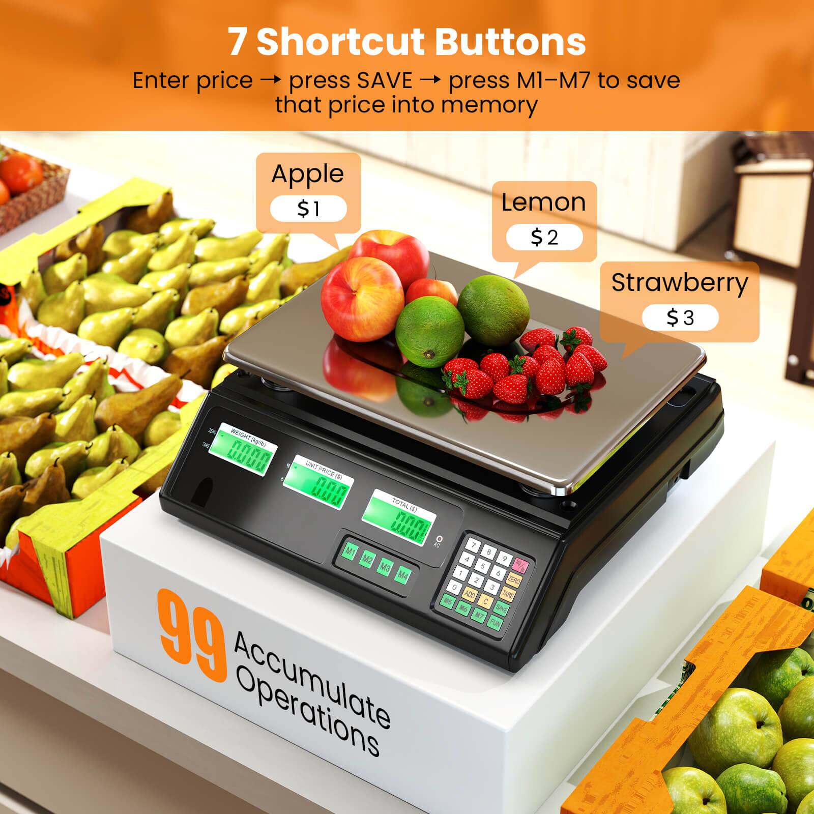 7 Shortcut Buttons  
Enter price → press SAVE → press M1-M7 to save that price into memory

Apple $1  
Lemon $2  
Strawberry $3  

TERO WEIGHT Dig (kg/lb) 0000  
UNITPRICE(S) ..  
TOTAL(S) 000  

7 M1 8 M2 4, 9 M3 5 M4 / 6 2  
CHEESE 0 3  
ADD TARE WS C 166  
WT FUN 99  

Accumulate Operations