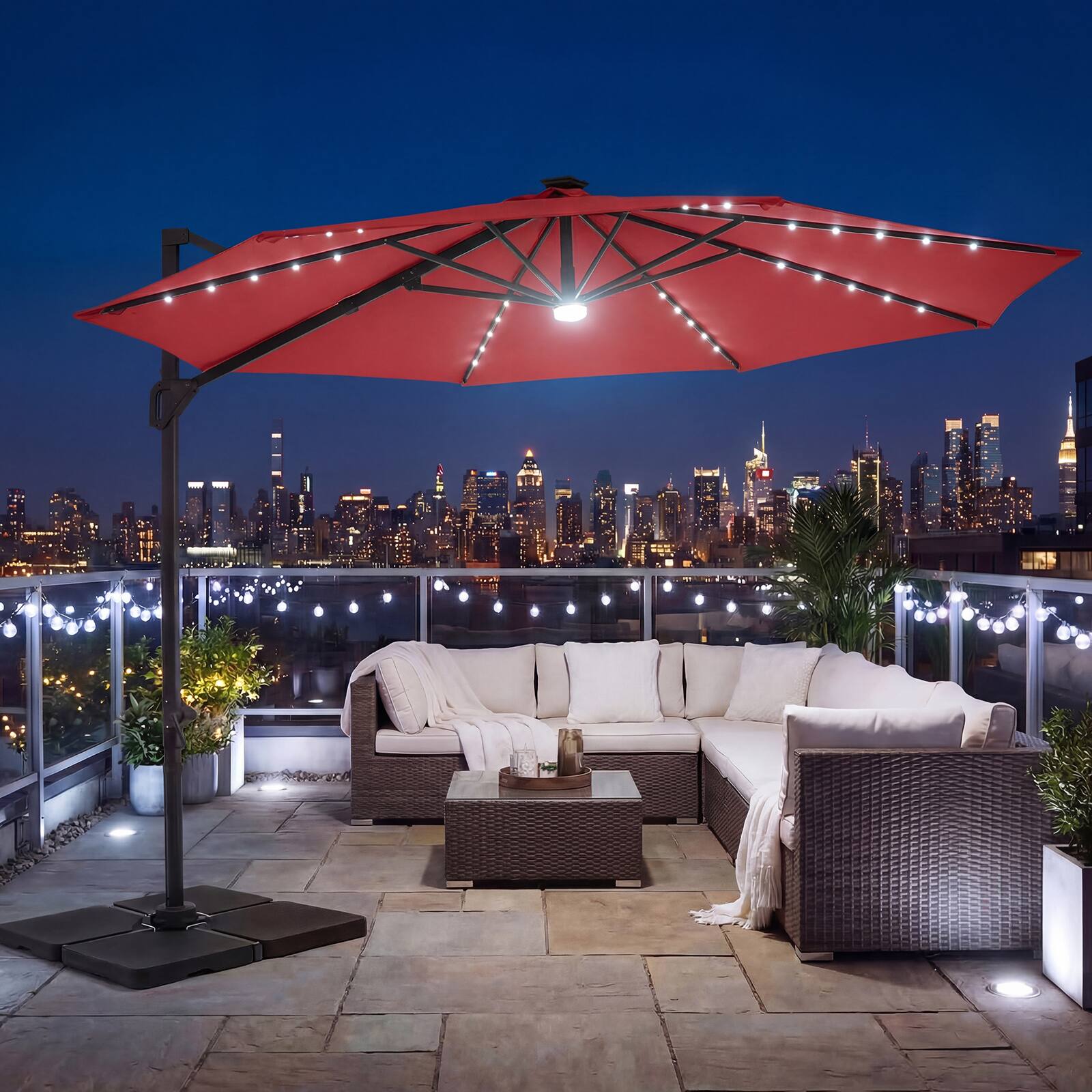Alt View 3. Costway - Costway 10 FT Cantilever Patio Umbrella with Solar LED Lights, 360° Rotation, Easy Tilt - Red.