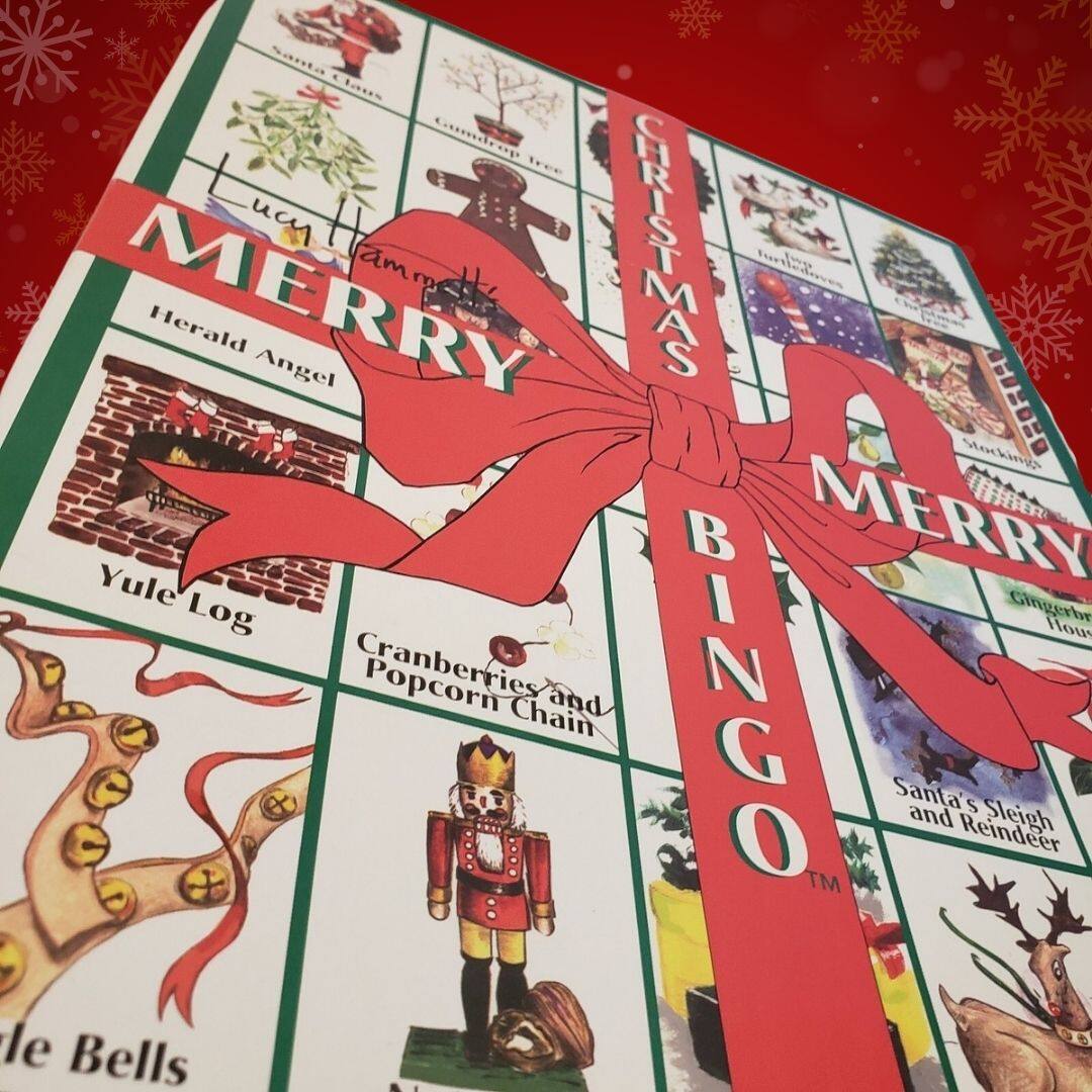 Santa Claus, Gumdrop Tree, Iree, Merry Herald Angel, Christmas, Yule Log, Popcorn Chain, Gingerbread House, Santa's Sleigh and Reindeer, Bells, Stockings, Merry BINGO