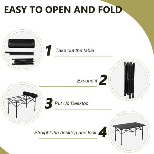 EASY TO OPEN AND FOLD

1. Take out the table
2. Expand it
3. Put Up Desktop
4. Straight the desktop and lock