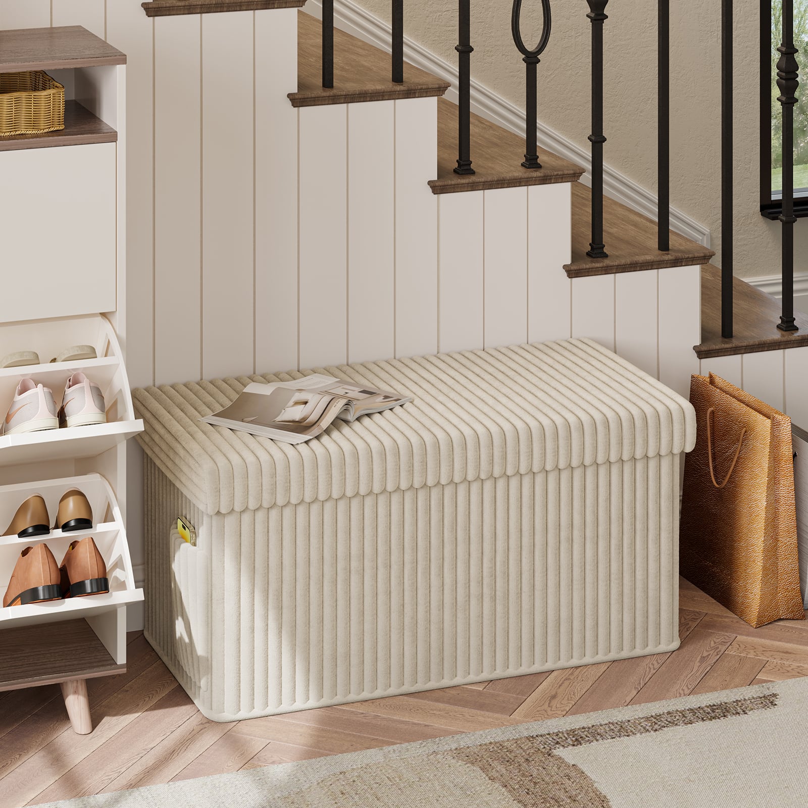 Pinmoco - Pinmoco- Corduroy Ottoman Plush Foldable Bench with Free Cozy Blanket - Off-White