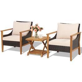 Costway - 3PCS Patio Wicker Furniture Set Cushioned Armchairs with 2-Tier Side Table Balcony - Natural