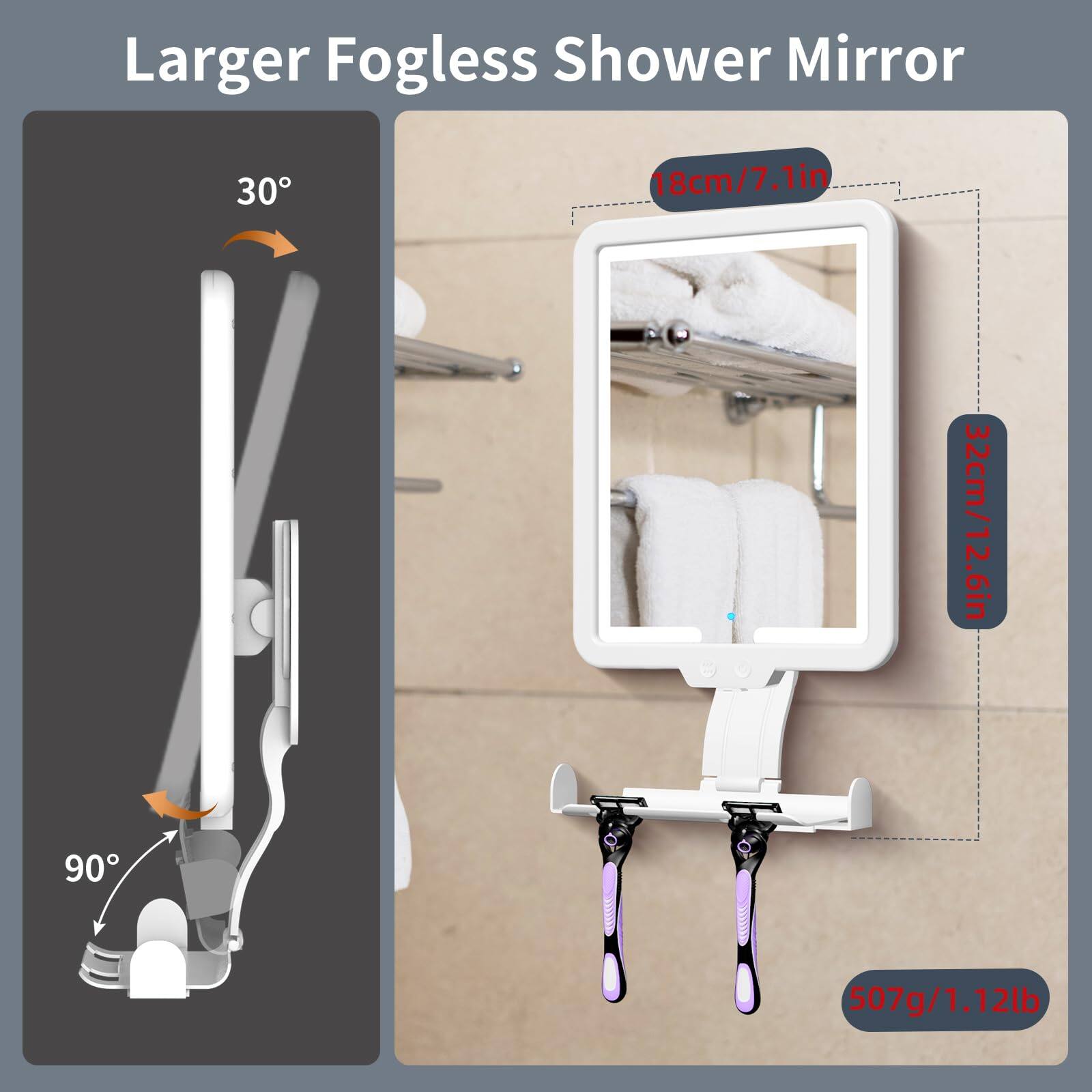 Larger Fogless Shower Mirror

- 18cm/7.1in
- 32cm/12.6in
- 507g/1.12lb

30°
90°