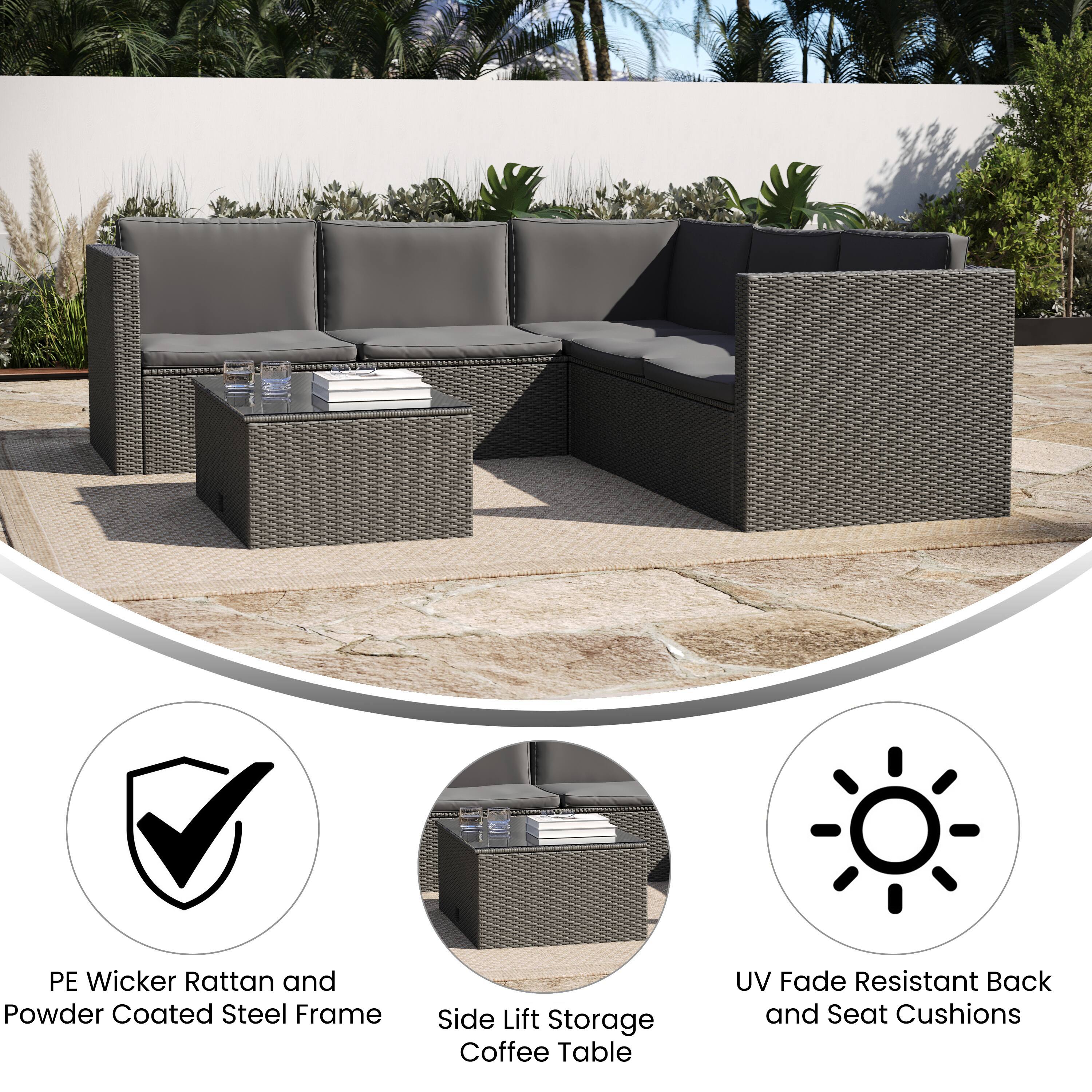 PE Wicker Rattan and Powder Coated Steel Frame Side Lift Storage Coffee Table  
UV Fade Resistant Back and Seat Cushions