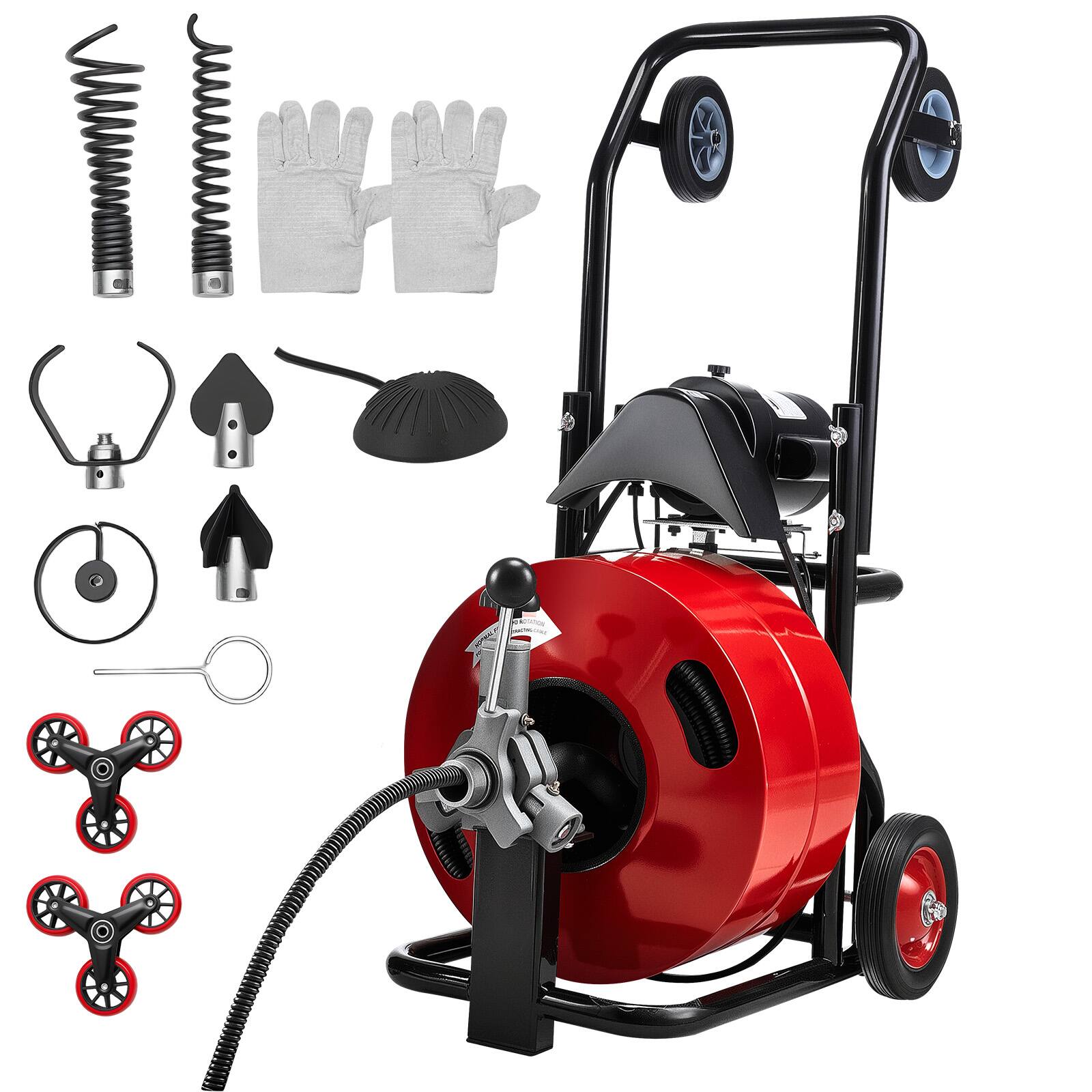 Alt View 5. VEVOR - Drain Cleaner Machine 100 FT x 3/4 Inch, Auto Feed Sewer Snake Auger, Portable Drain Cleaning Machine - Black stand + red drum.