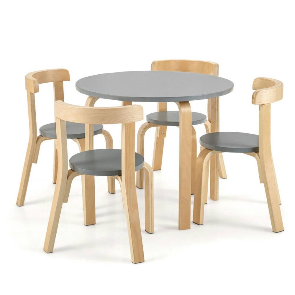 Front. Pefilos - 5-Piece Kids Wooden Curved Back Activity Table and Chair Set with Toy Bricks-Gray, Toddler Table and Chair Set for Arts - Gray.