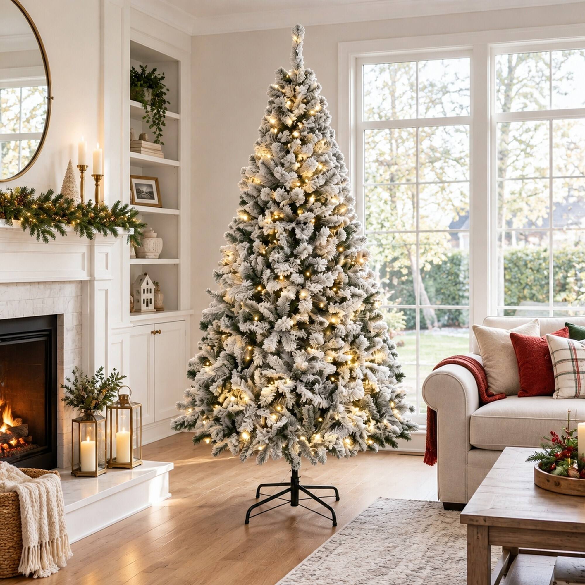 Back. RYHNUYNE - 7.5FT Pre-Lit Flocked Fraser Fir Christmas Tree With LED Lights and Hinged Branches, Foldable Metal Base - Green.