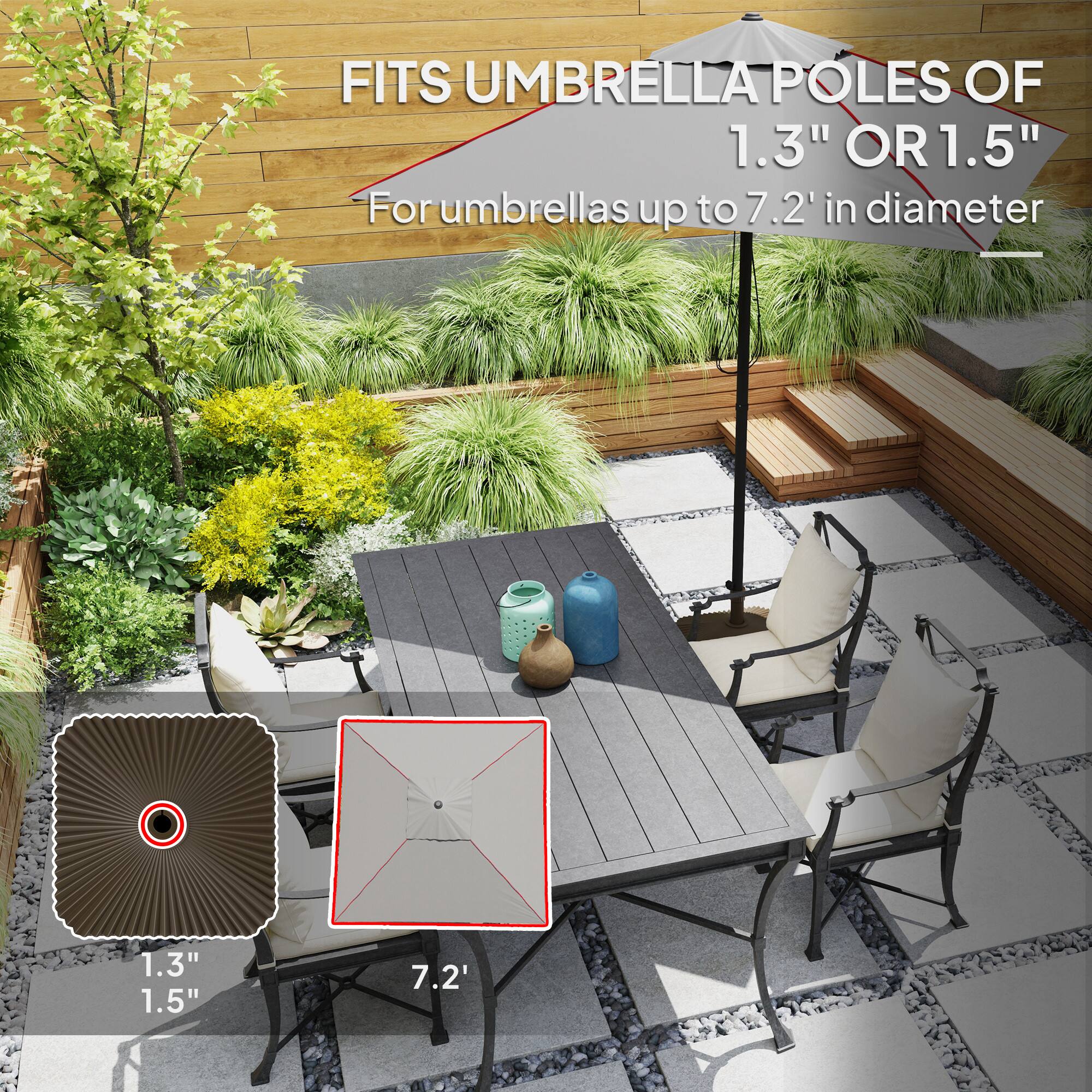 FITS UMBRELLA POLES OF 1.3" OR 1.5" For umbrellas up to 7.2' in diameter 1.3" 1.5" 7.2'