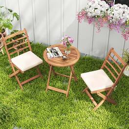 Costway - 3 PCS Acacia Wood Patio Bistro Set Folding Outdoor Table and Chairs with Cushions - Off White,Natural