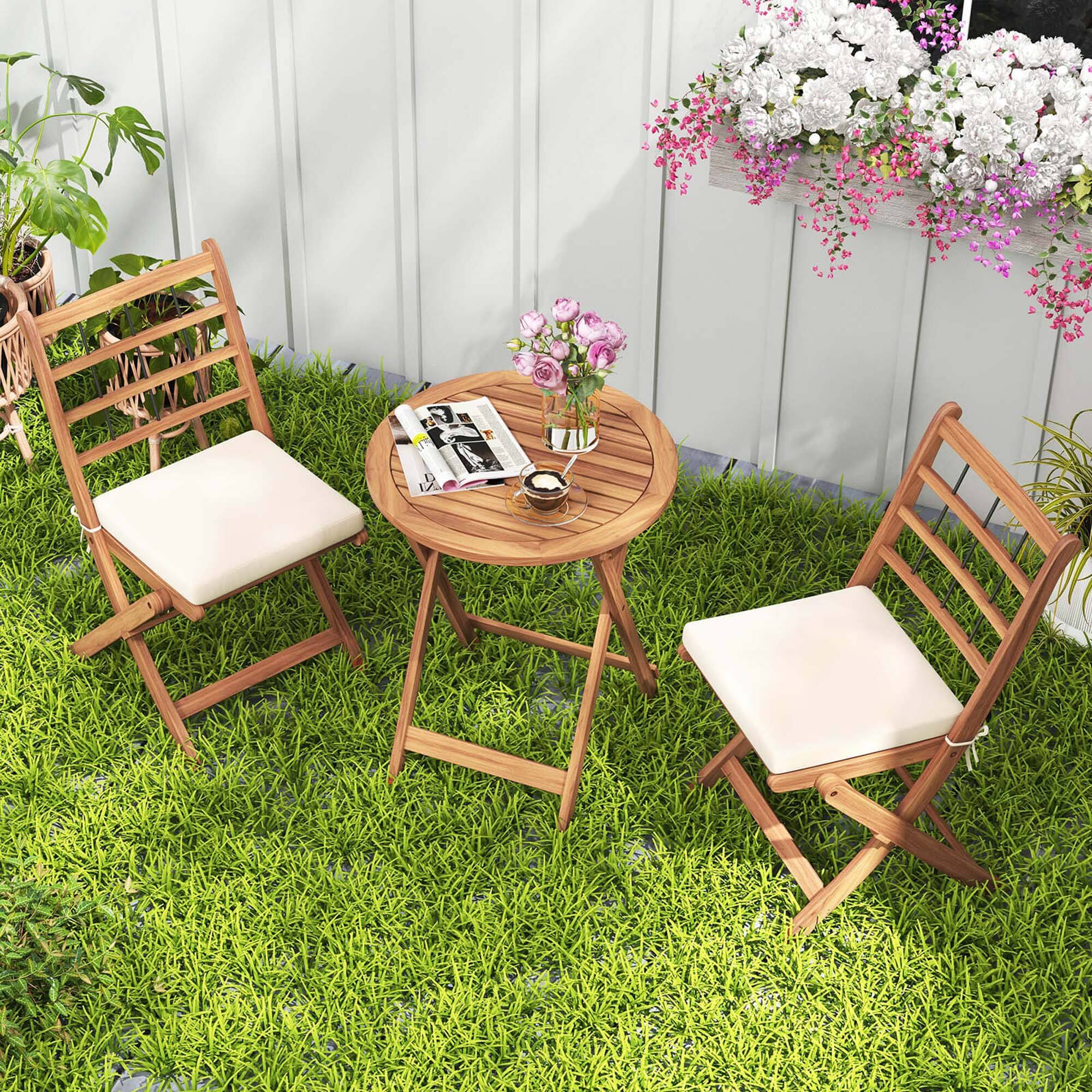 Front. Costway - 3 PCS Acacia Wood Patio Bistro Set Folding Outdoor Table and Chairs with Cushions - Off White,Natural.