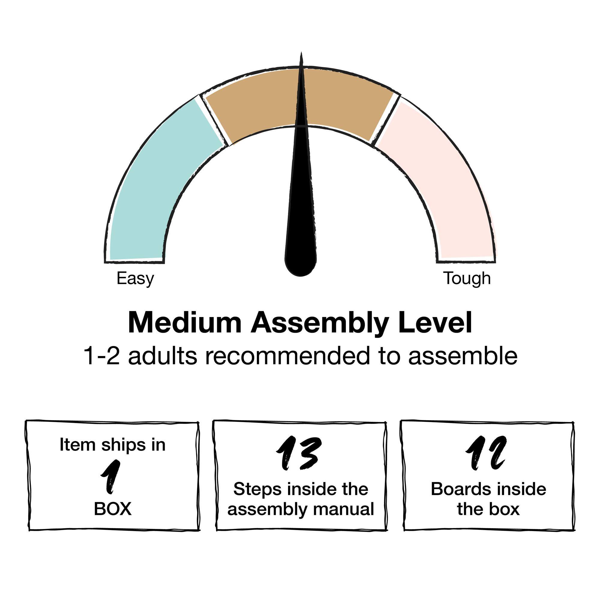 Medium Assembly Level  
1-2 adults recommended to assemble  

Item ships in 1 BOX  
13 Steps inside the assembly manual  
12 Boards inside the box