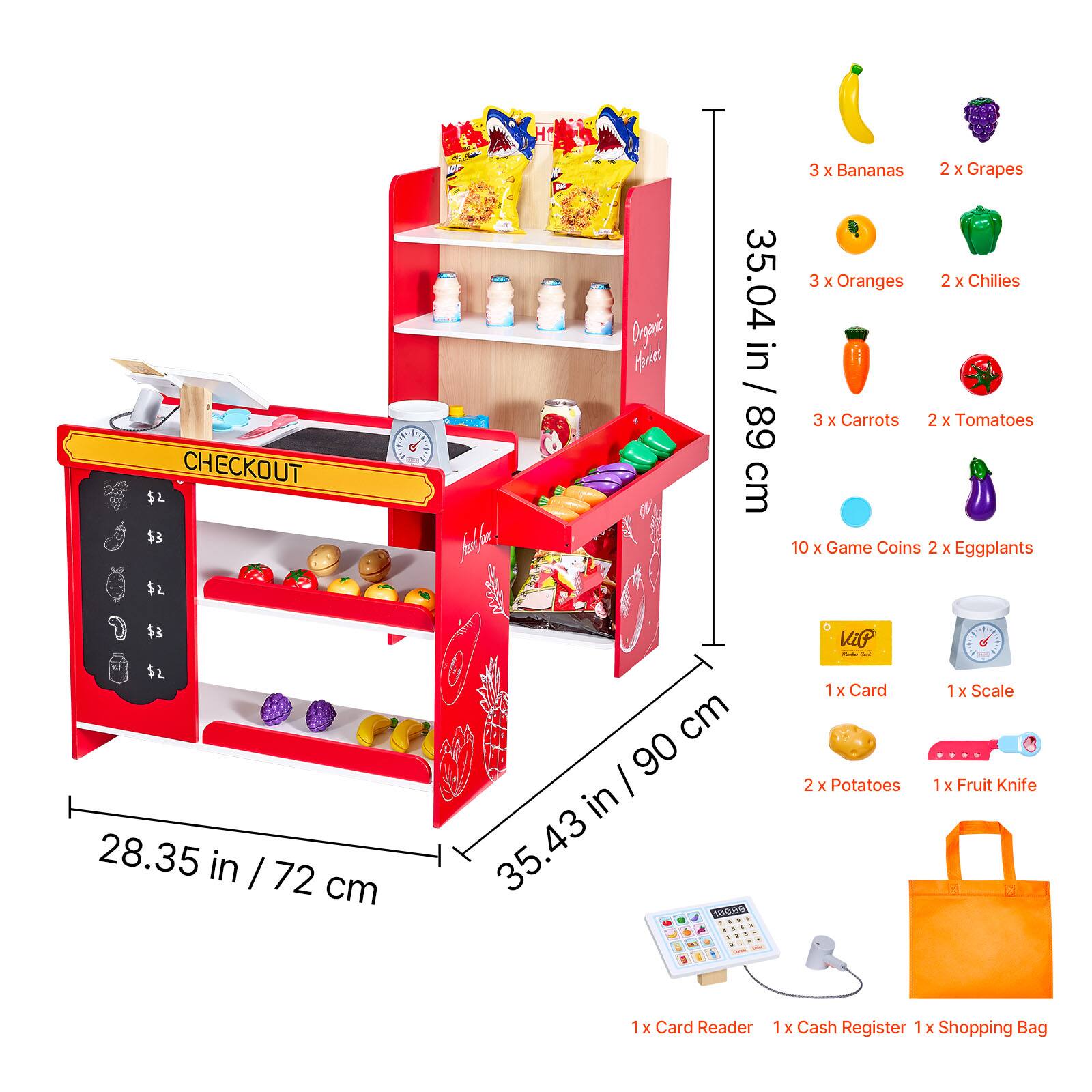 **Checkout:**

- 3 x Bananas
- 2 x Grapes
- 3 x Oranges
- 2 x Chilies
- 3 x Carrots
- 2 x Tomatoes
- 10 x Game Coins
- 2 x Eggplants
- 2 x Potatoes
- 1 x Card
- 1 x Scale
- 1 x Fruit Knife
- 1 x Card Reader
- 1 x Cash Register
- 1 x Shopping Bag

**Prices:**

- Bananas: $2
- Grapes: $3
- Oranges: $2
- Chilies: $3
- Carrots: $2
- Tomatoes: $2
- Eggplants: $3
- Potatoes: $2

**Dimensions:**

- 35.43 in / 89 cm
- 35.04 in / 89 cm
- 90 in
- 28.35 in / 72 cm
- 35.43 in / 89 cm
- 35.43 in / 89 cm
- 35.43 in / 89 cm
- 35.43 in / 89 cm
- 35.43 in / 89 cm
- 35.43 in / 89 cm
- 35.43 in / 89 cm
- 35.43 in / 89 cm
- 35.43 in / 89 cm
- 35.43 in / 89 cm
- 35.43 in / 89 cm
- 35.43 in / 89 cm
- 35.43 in / 89 cm
- 35.43 in / 89 cm
- 35.43 in / 89 cm
- 35.43 in / 89 cm
- 35.43 in / 89 cm
- 35.43 in / 89 cm
- 35.43 in / 89 cm
- 35.43 in / 89 cm
- 35.43 in / 89