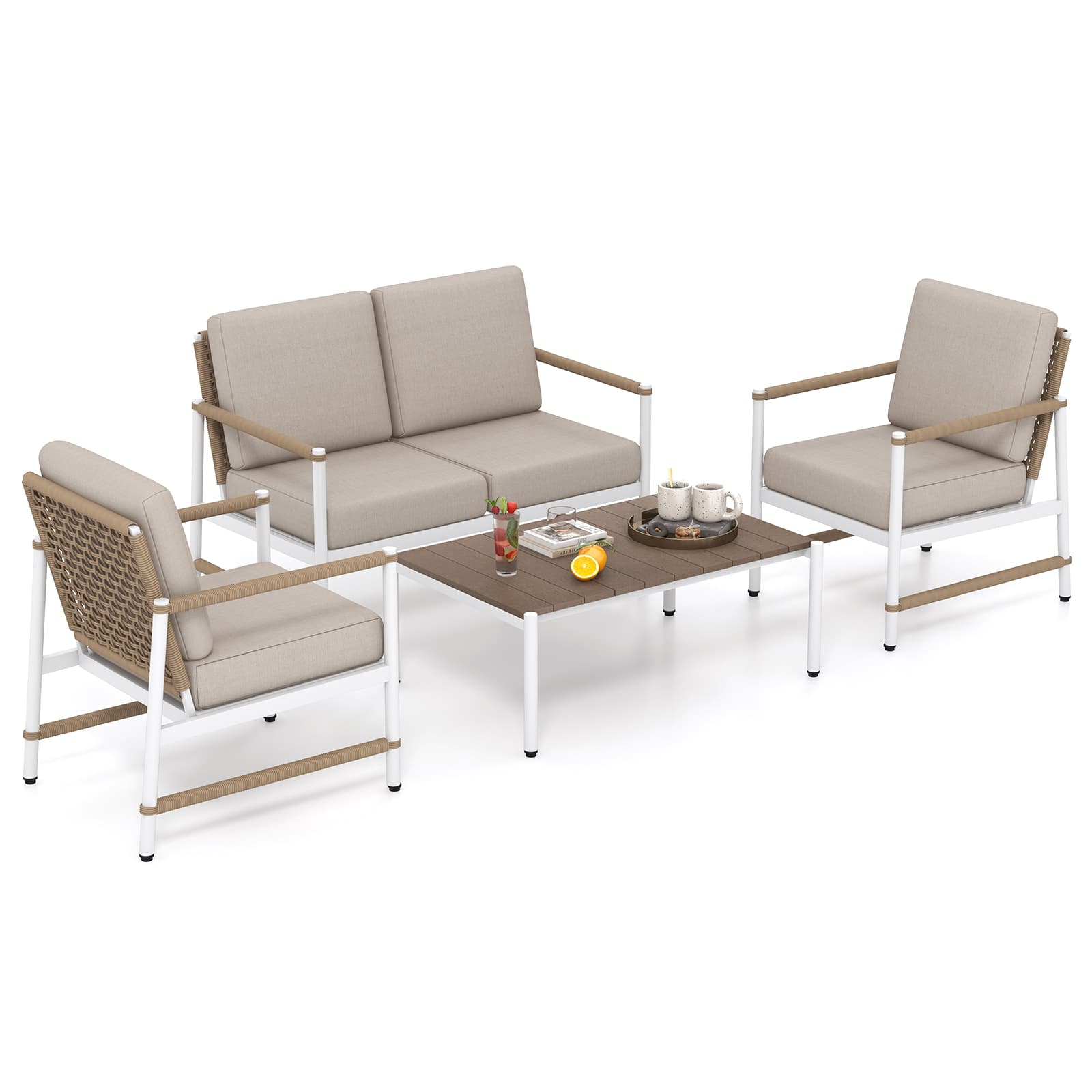 Gymax - Set Of 4 Patio Furniture Set Patio Loveseat Sofa w/ a Coffee Table 2 Single Couch - Grey, White, Brown