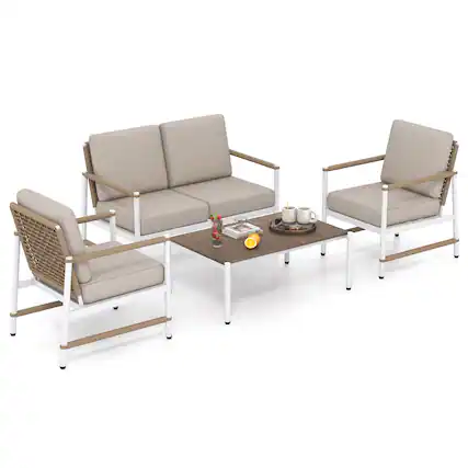 Front. Gymax - Gymax Set Of 4 Patio Furniture Set Patio Loveseat Sofa w/ a Coffee Table 2 Single Couch - Grey, White, Brown.