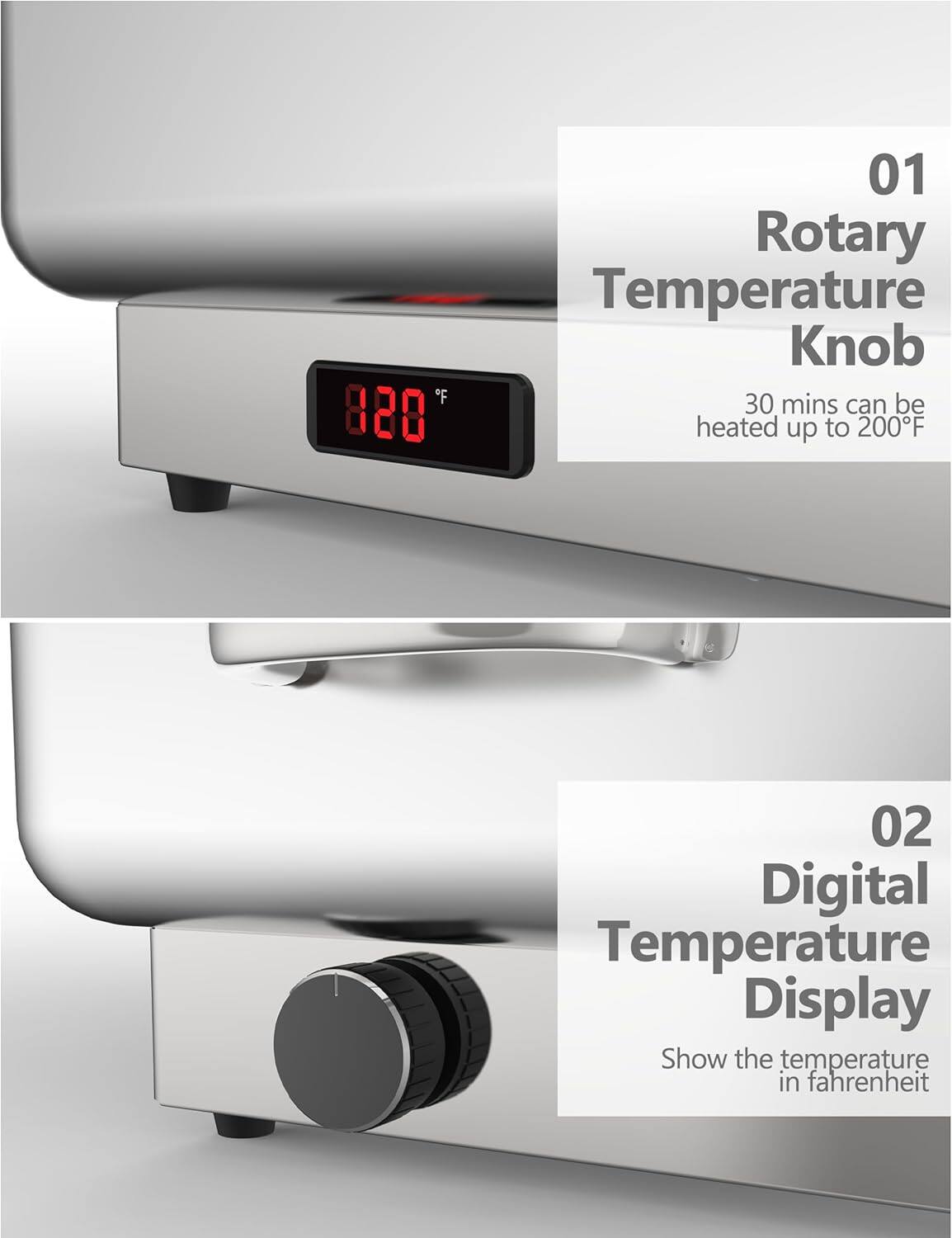 01 Rotary Temperature Knob  
30 mins can be heated up to 200°F  

02 Digital Temperature Display  
Show the temperature in fahrenheit