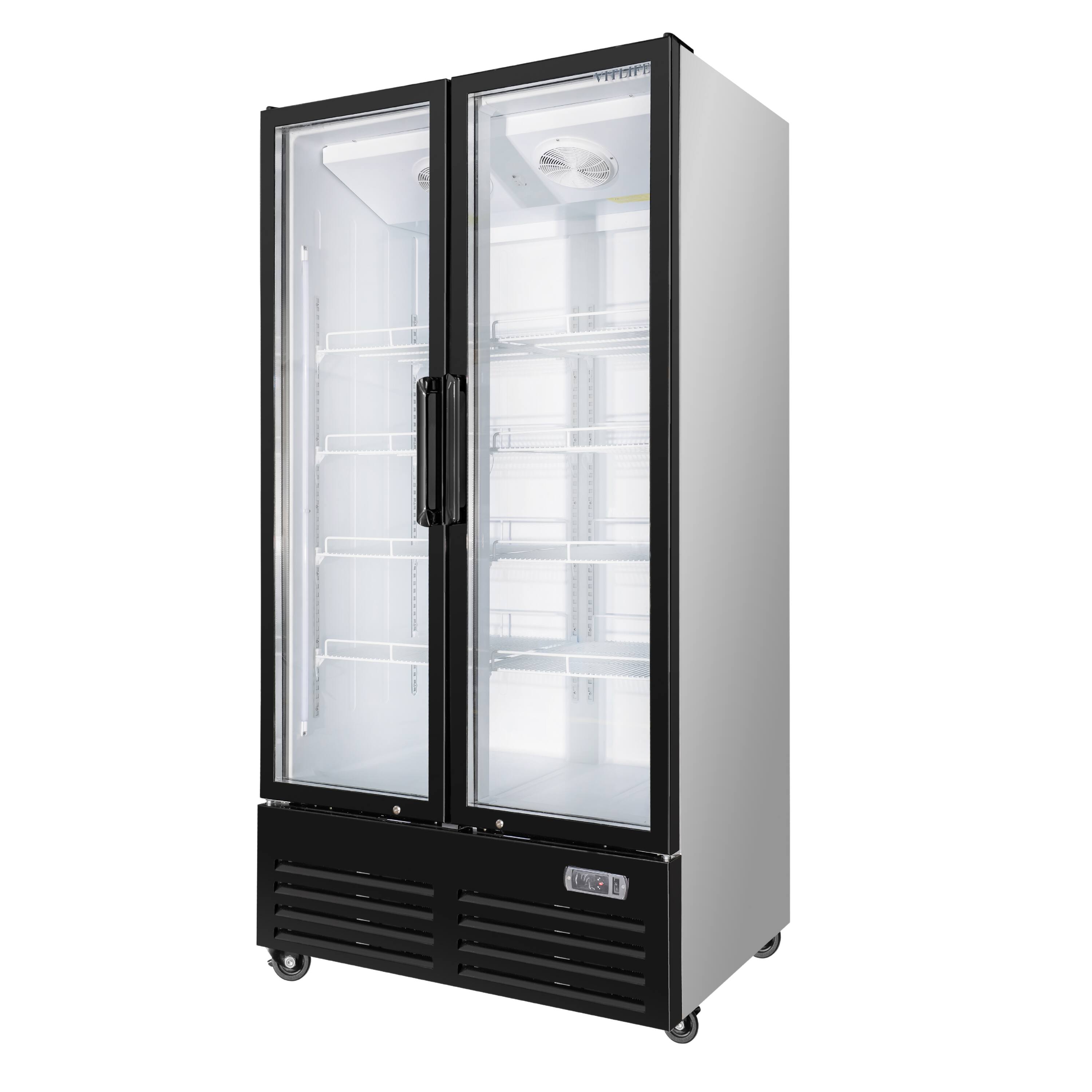 Left. Equator - Equator Vitlife 26.5 Cu Ft Commercial 2 Glass Door Merchandiser Refrigerator, LED, Adjustable Shelves, Auto Defrost ETL - Black.