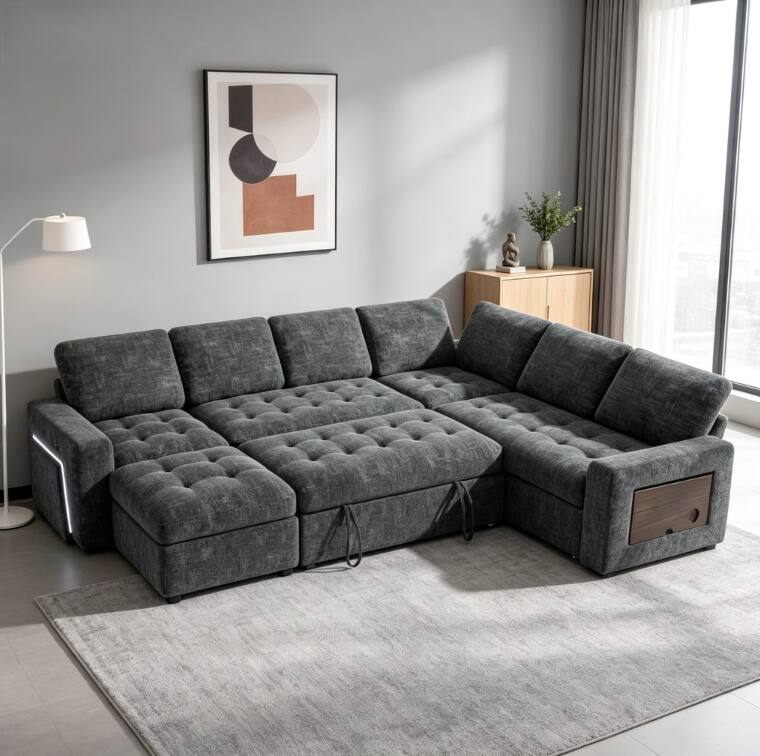 Angle. Vipbear - Vipbear 7 Seat L Shaped Modular Sectional Sleeper Sofa Bed with Pull Out Bed/Reclining Backrest/USB Ports/Storage Seat - Grey.
