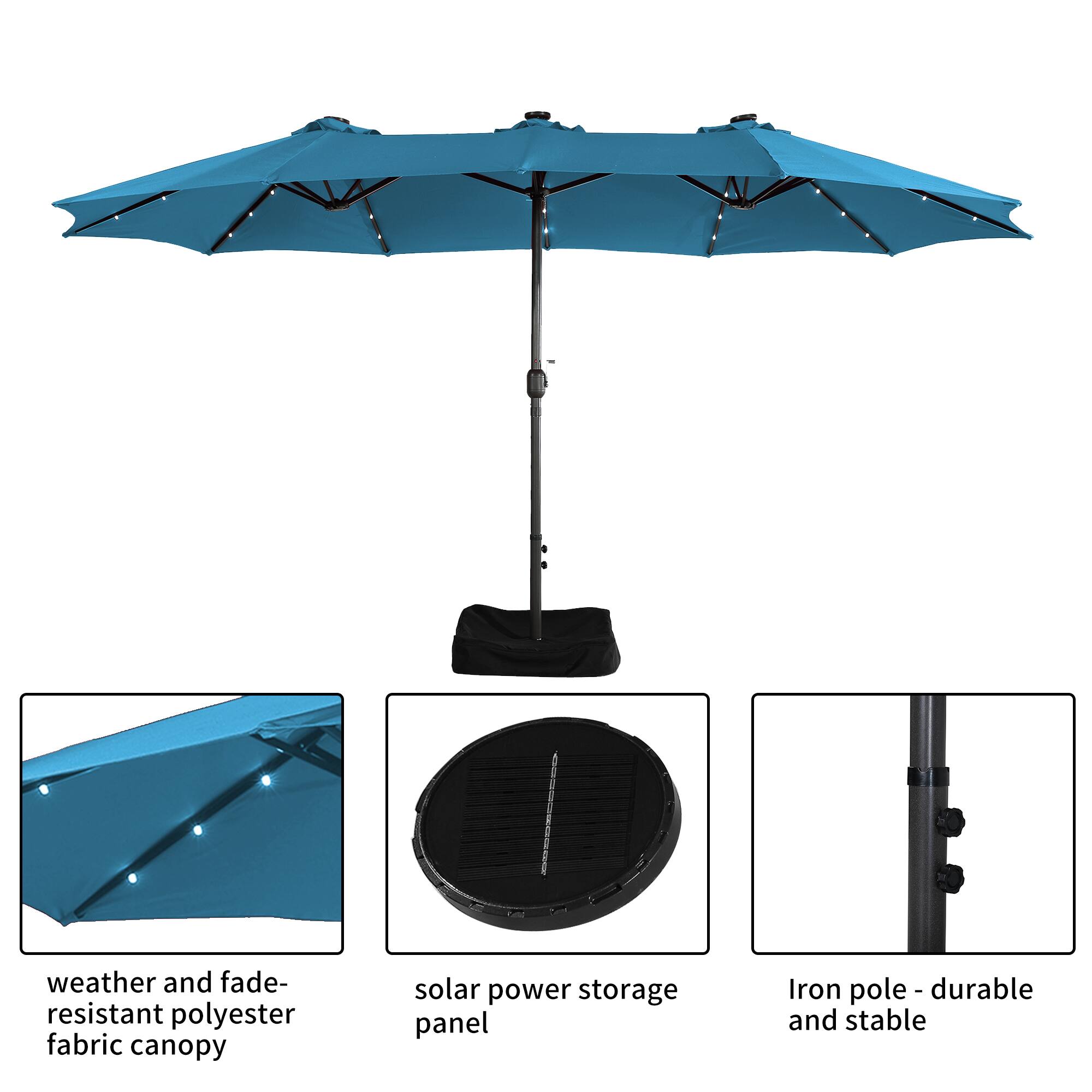 weather and fade-resistant polyester fabric canopy  
solar power storage panel  
Iron pole - durable and stable