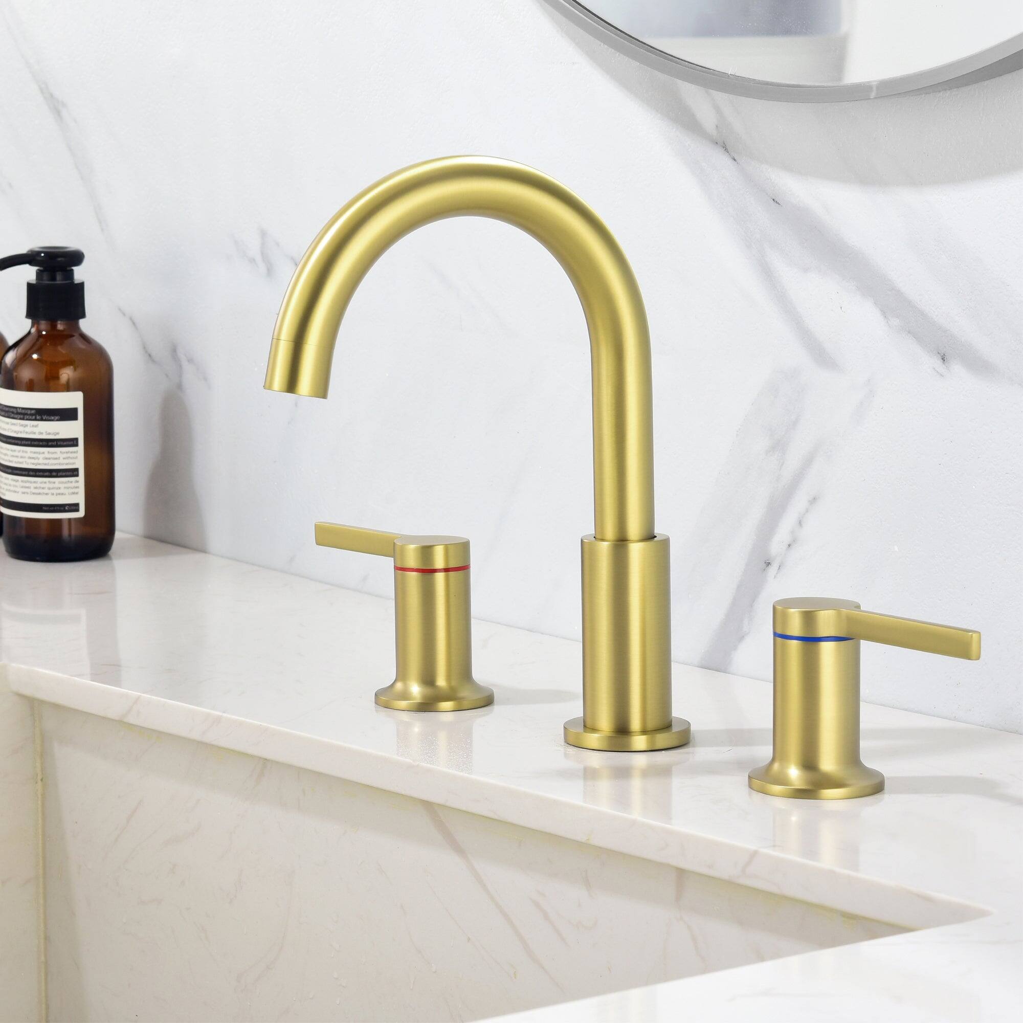 Alt View 9. Boyel Living - 8 in Widespread Double Handle 1.2 GPM Bathroom Faucet with Quick Connect Hose and Water Supply Hose in Brushed Gold - Brushed Gold.