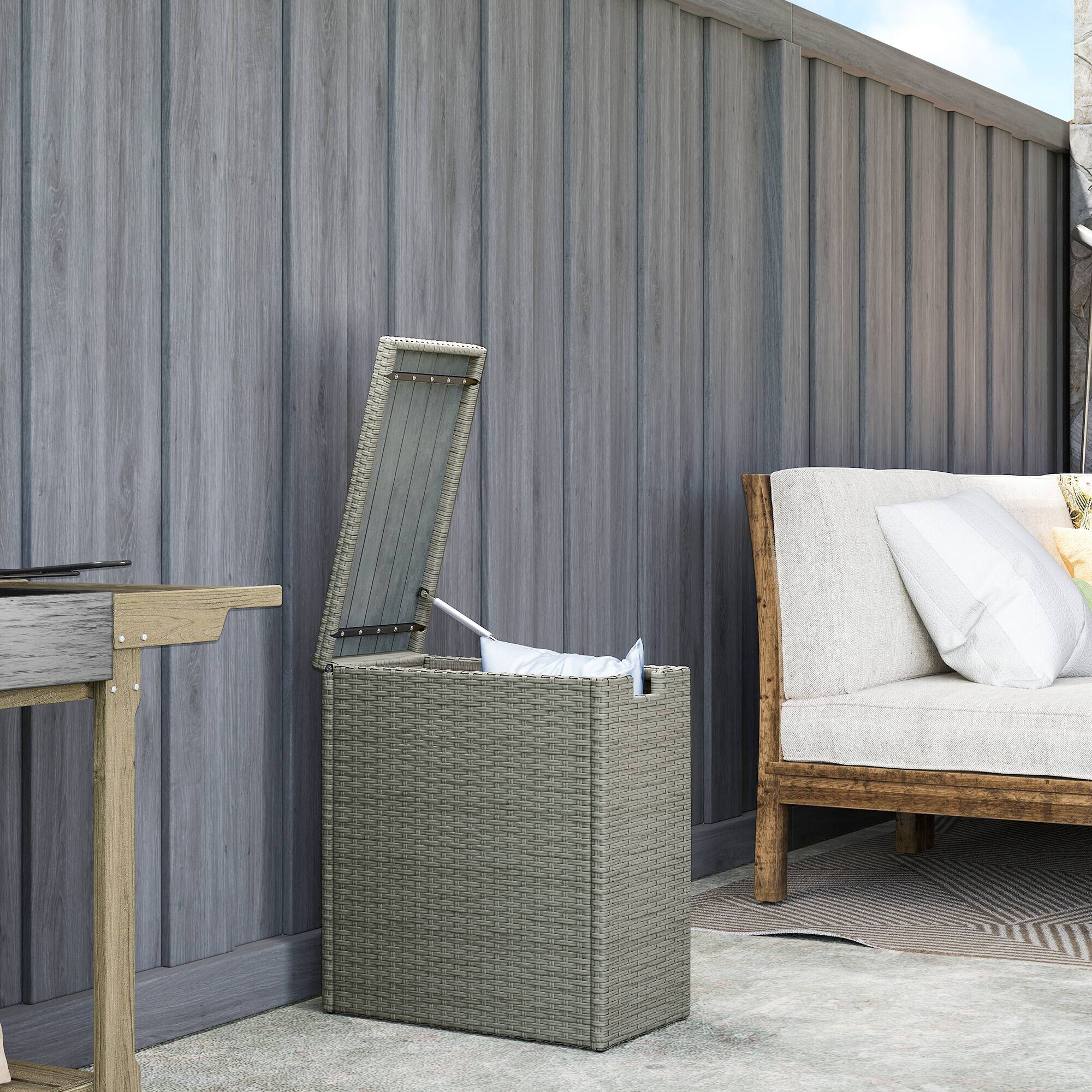 Alt View 1. Outsunny - 17 Gallon Wicker Small Deck Box, PE Rattan Outdoor Storage Box with Slatted Acacia Wood Flip Top for Indoor - Gray.