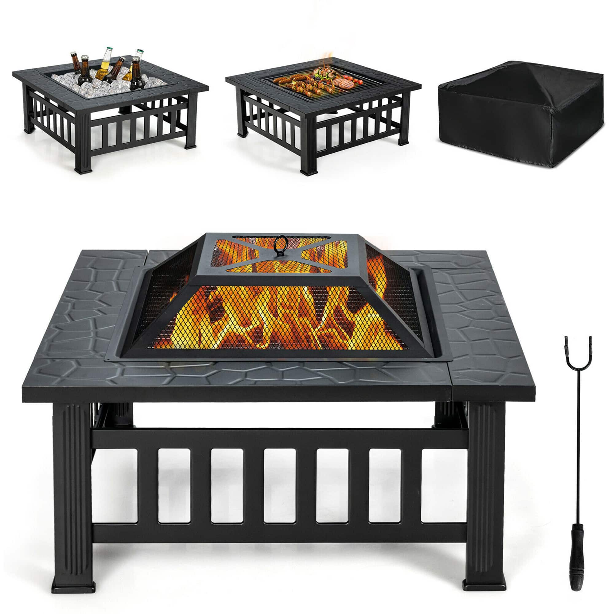 Gymax - 32'' 3 in 1 Outdoor Square Fire Pit Table W/ BBQ Grill Rain Cover for Camping - Black