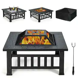 Gymax - 32'' 3 in 1 Outdoor Square Fire Pit Table W/ BBQ Grill Rain Cover for Camping - Black