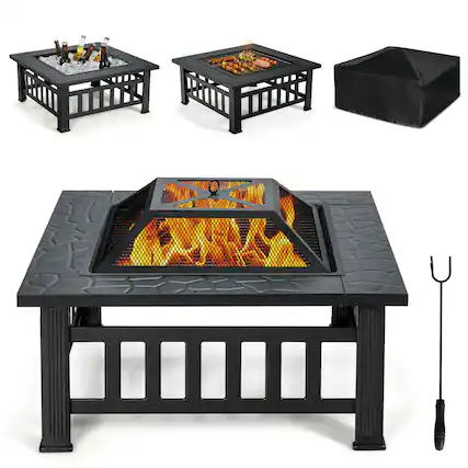 Front. Gymax - Gymax 32'' 3 in 1 Outdoor Square Fire Pit Table W/ BBQ Grill Rain Cover for Camping - Black.