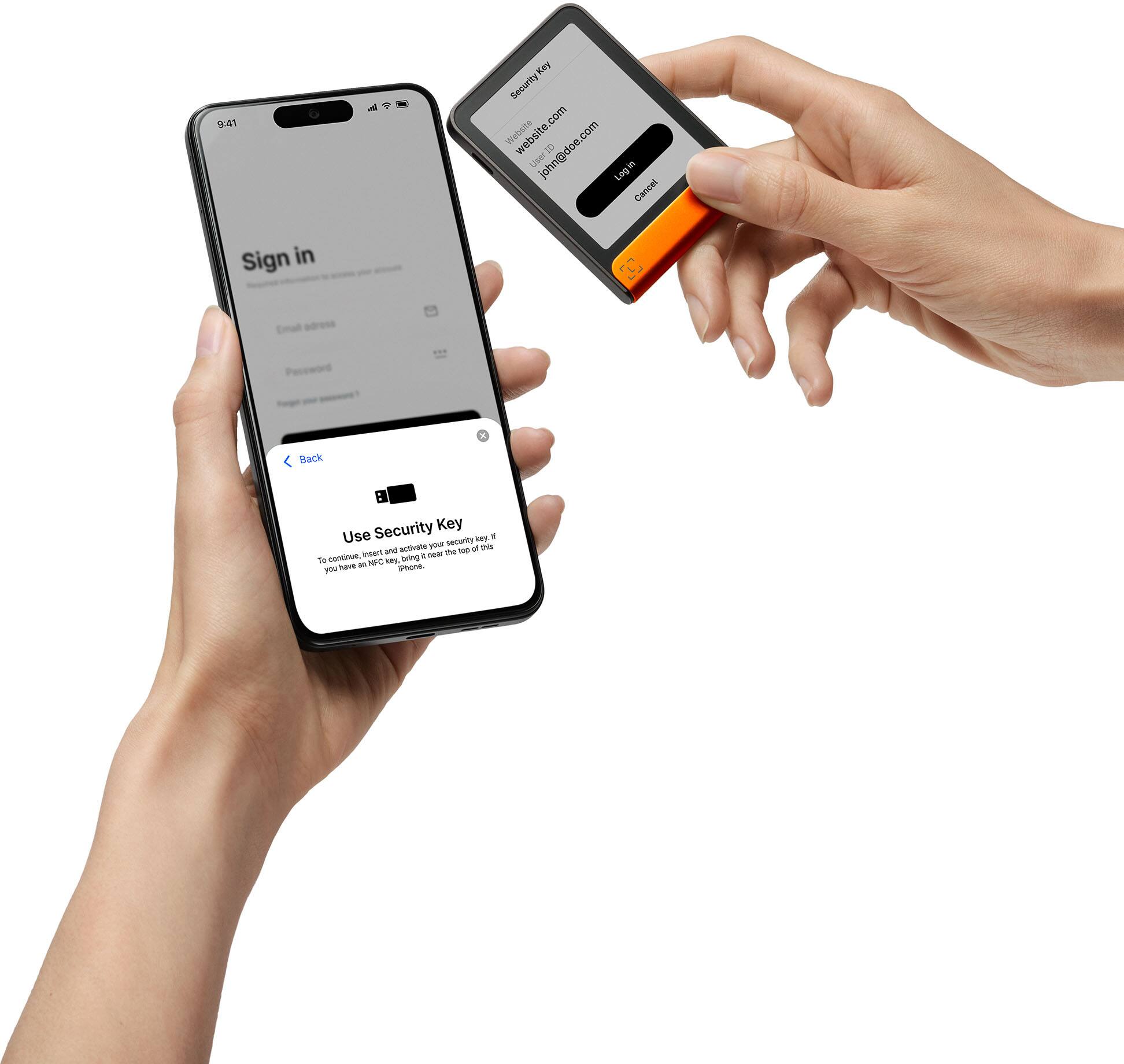 9:21  
Fre Security.com  
Webshe website.com  
john@doe.com  
1  
hn@doe  
User Login  
Cancel  
Sign in  
1  
Back  
Security Key  
Use security key  
To continue, insert your security key, if you have one.  
iPhone.  
Use security key  
To continue, insert your security key, if you have one.  
iPhone.