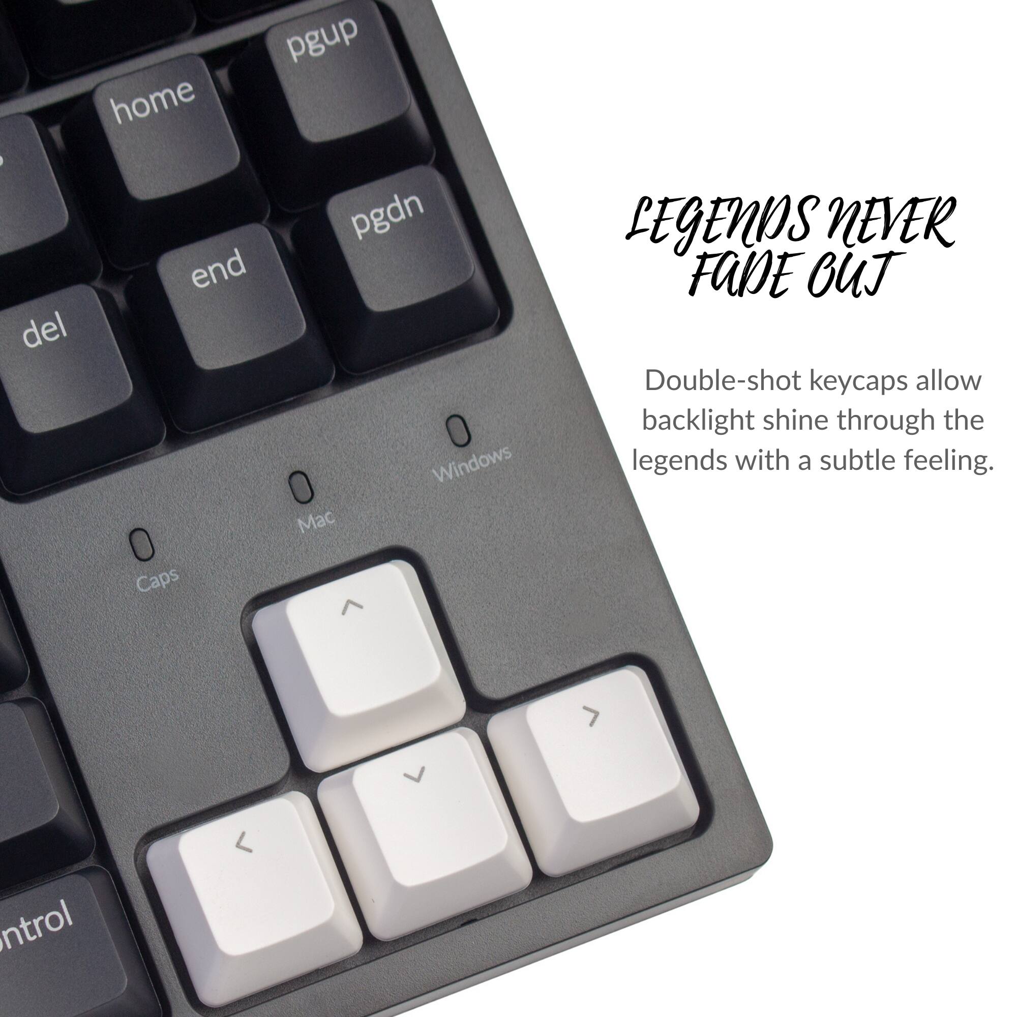 pgup home - pgdn end del Windows Mac Caps

LEGENDS NEVER FADE OUT

Double-shot keycaps allow backlight shine through the legends with a subtle feeling.
