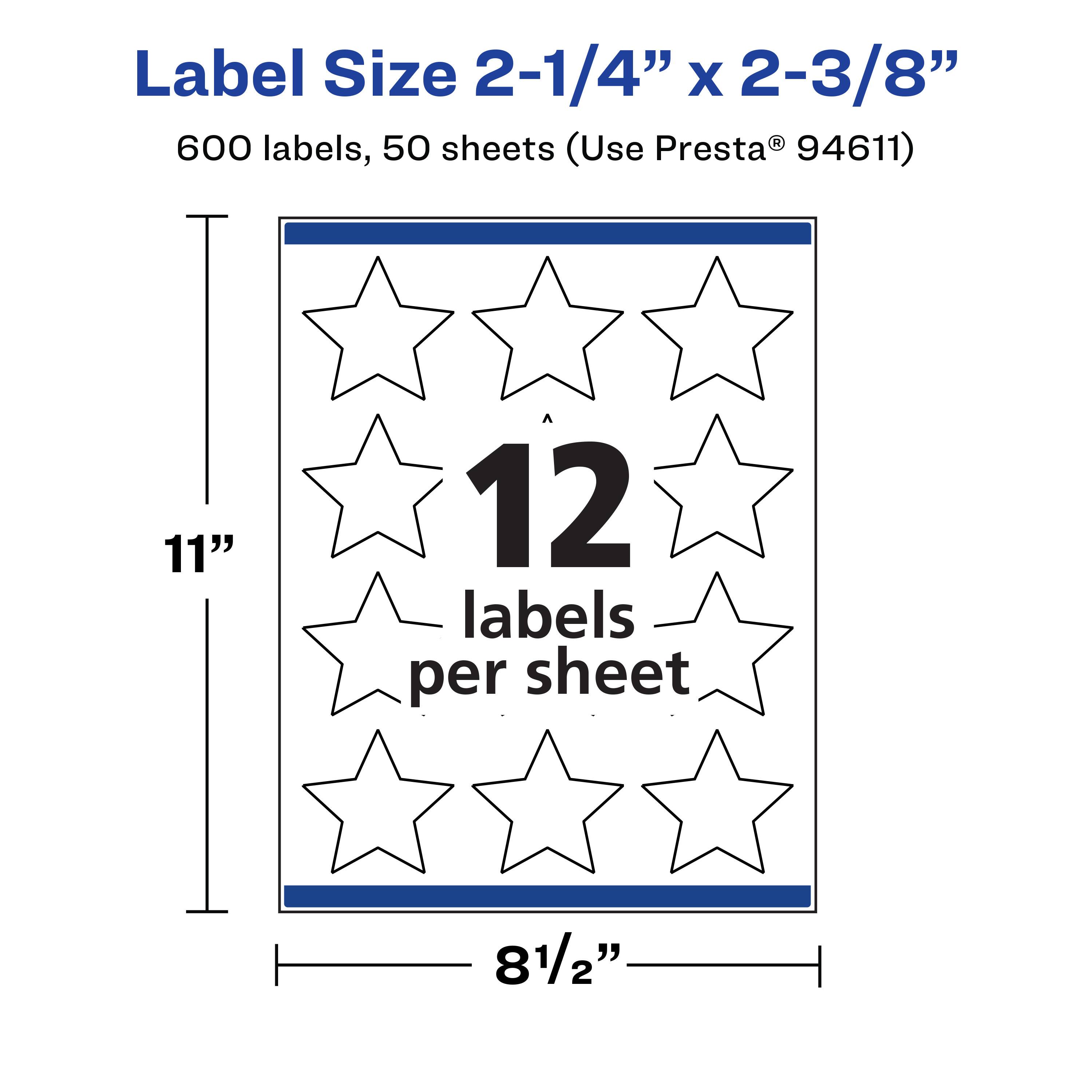 Label Size 2-1/4" x 2-3/8"  
600 labels, 50 sheets (Use Presta® 94611)  
11" x 8-1/2"  
12 labels per sheet