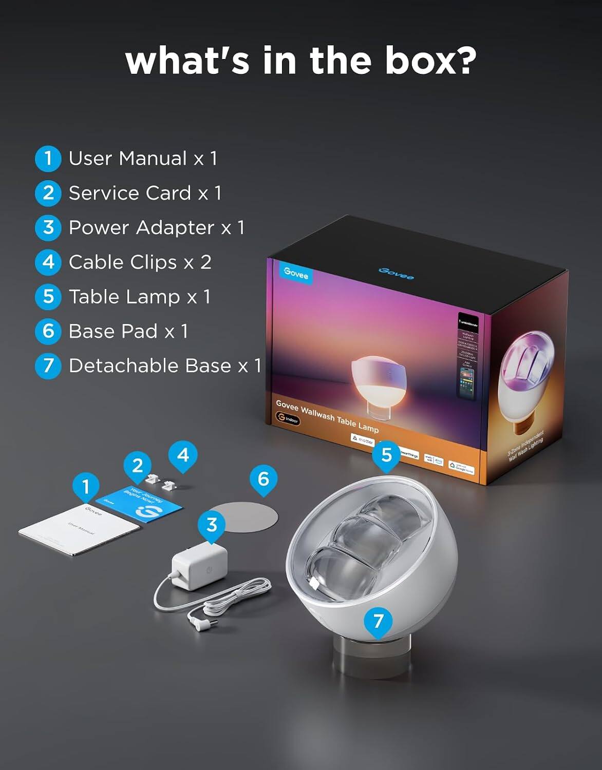 what's in the box?
1 User Manual x 1
2 Service Card x 1
3 Power Adapter x 1
4 Cable Clips x 2
5 Table Lamp x 1
6 Base Pad x 1
7 Detachable Base x 1