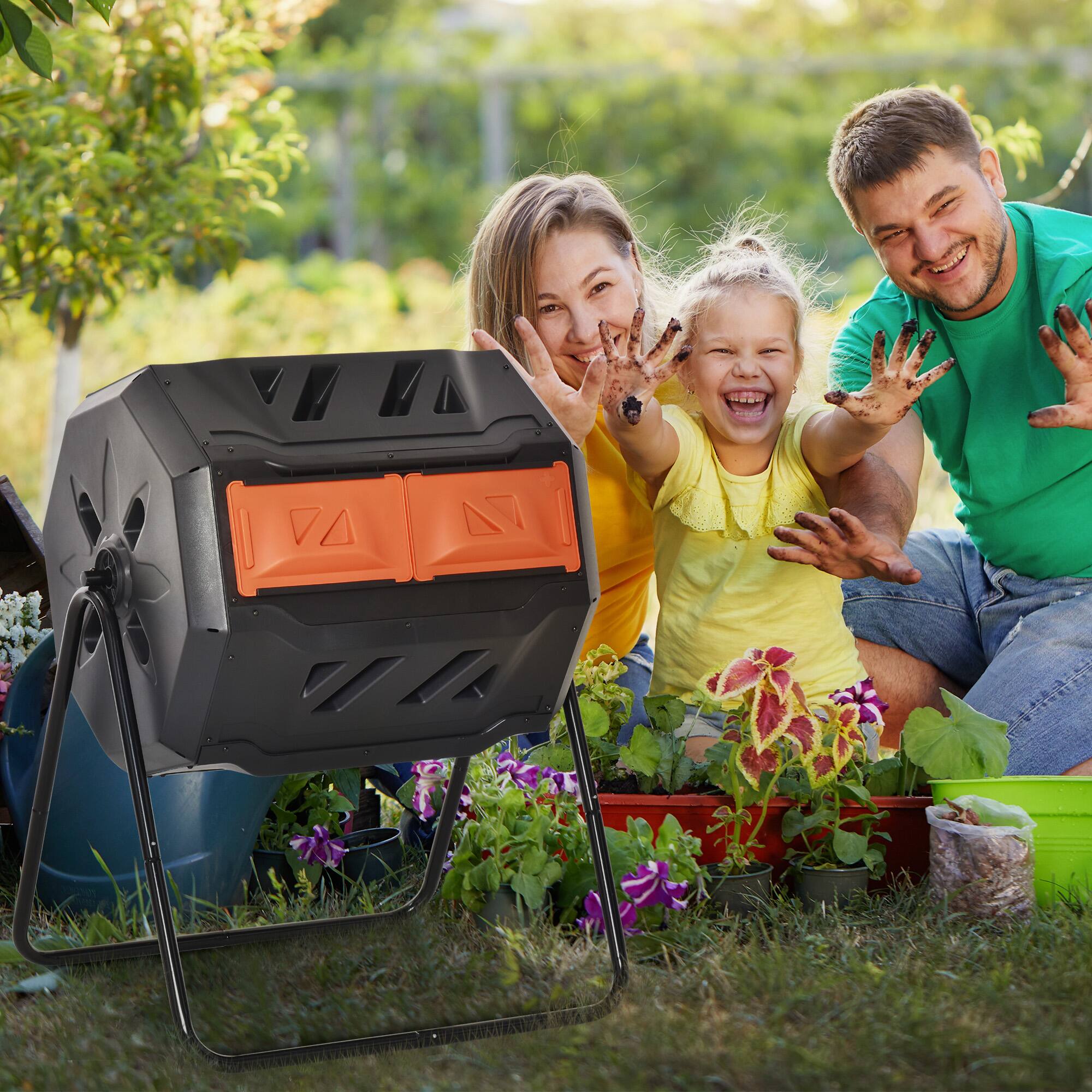 Alt View 1. Outsunny - Tumbling Compost Bin Outdoor 360° Dual Chamber Rotating Composter 43 Gallon - Orange.