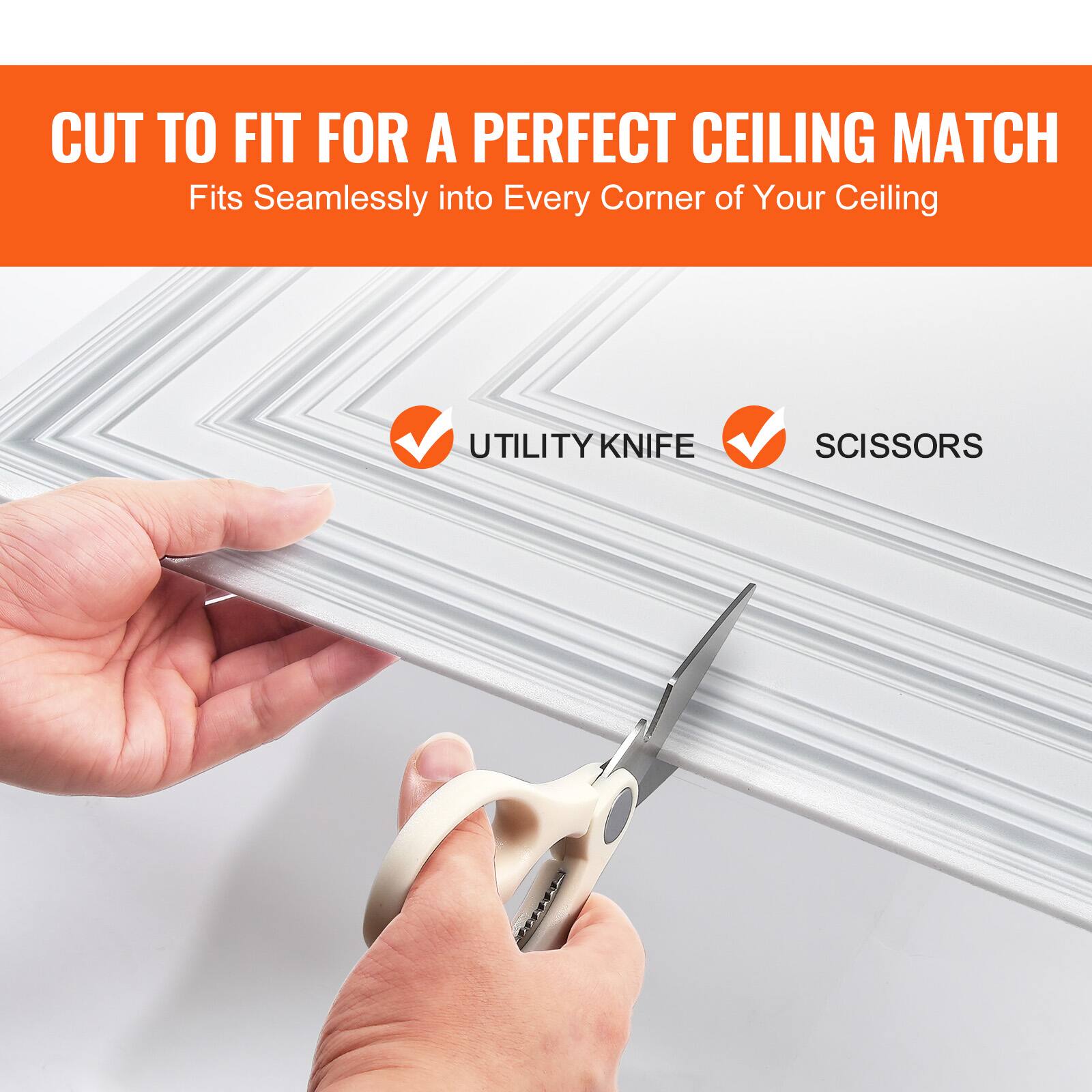 CUT TO FIT FOR A PERFECT CEILING MATCH  
Fits Seamlessly into Every Corner of Your Ceiling  

UTILITY KNIFE  
SCISSORS