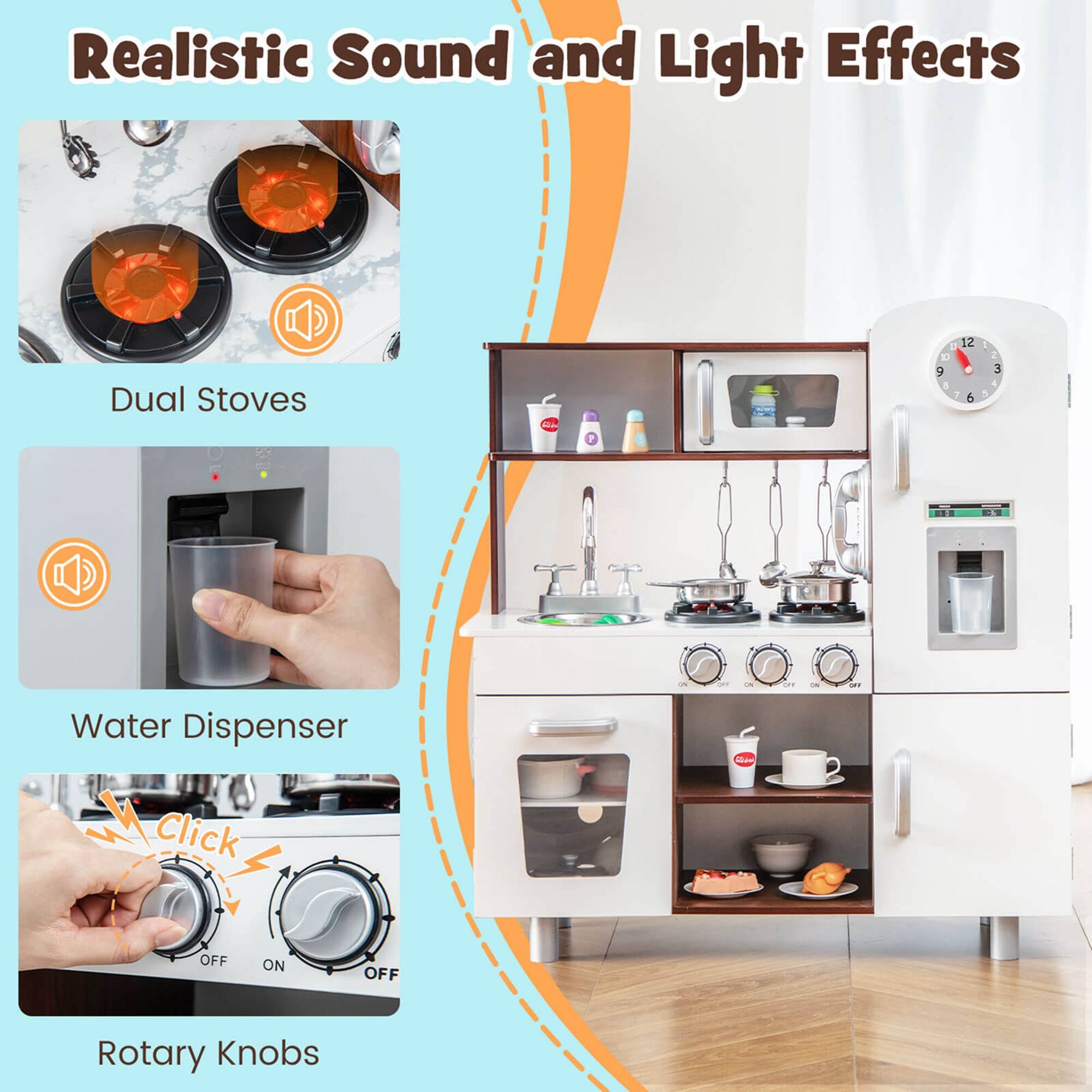 Realistic Sound and Light Effects

Dual Stoves

Water Dispenser

Rotary Knobs