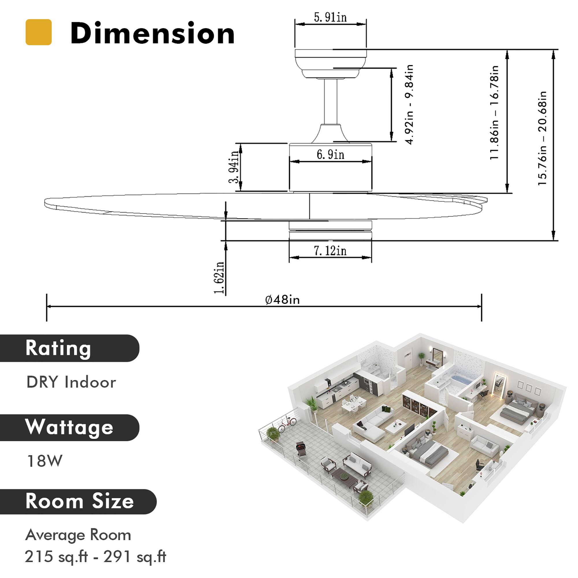 Dimension: 94in - 3.5in - 91in - 6in - 9in - 4.92in - 9.84in - 11.86in - 16.78in - 15.76in - 20.68in - 62in
Rating: DRY Indoor
Wattage: 18W
Room Size: Average Room 215 sq.ft - 291 sq.ft