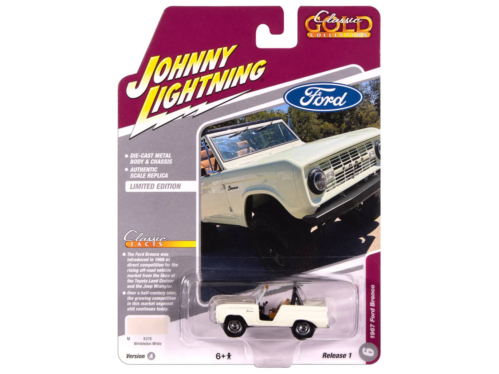 1967 Ford Bronco Wimbledon "Classic Gold Collection" 1/64 Diecast Model Car by Johnny Lightning - White