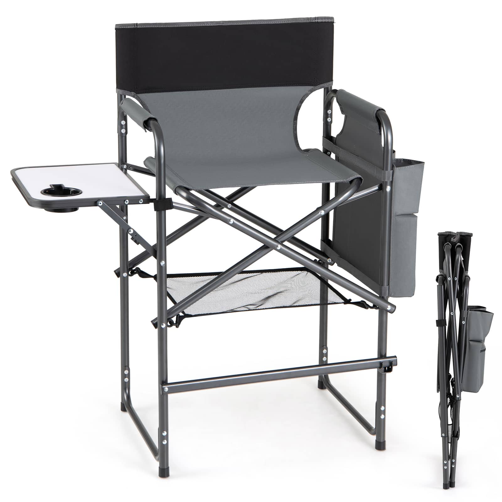 Gymax - 26'' Folding Tall Director Chair w/ Side Table Cup Holders Storage Pockets - Gray