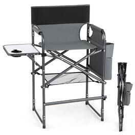 Gymax - 26'' Folding Tall Director Chair w/ Side Table Cup Holders Storage Pockets - Gray