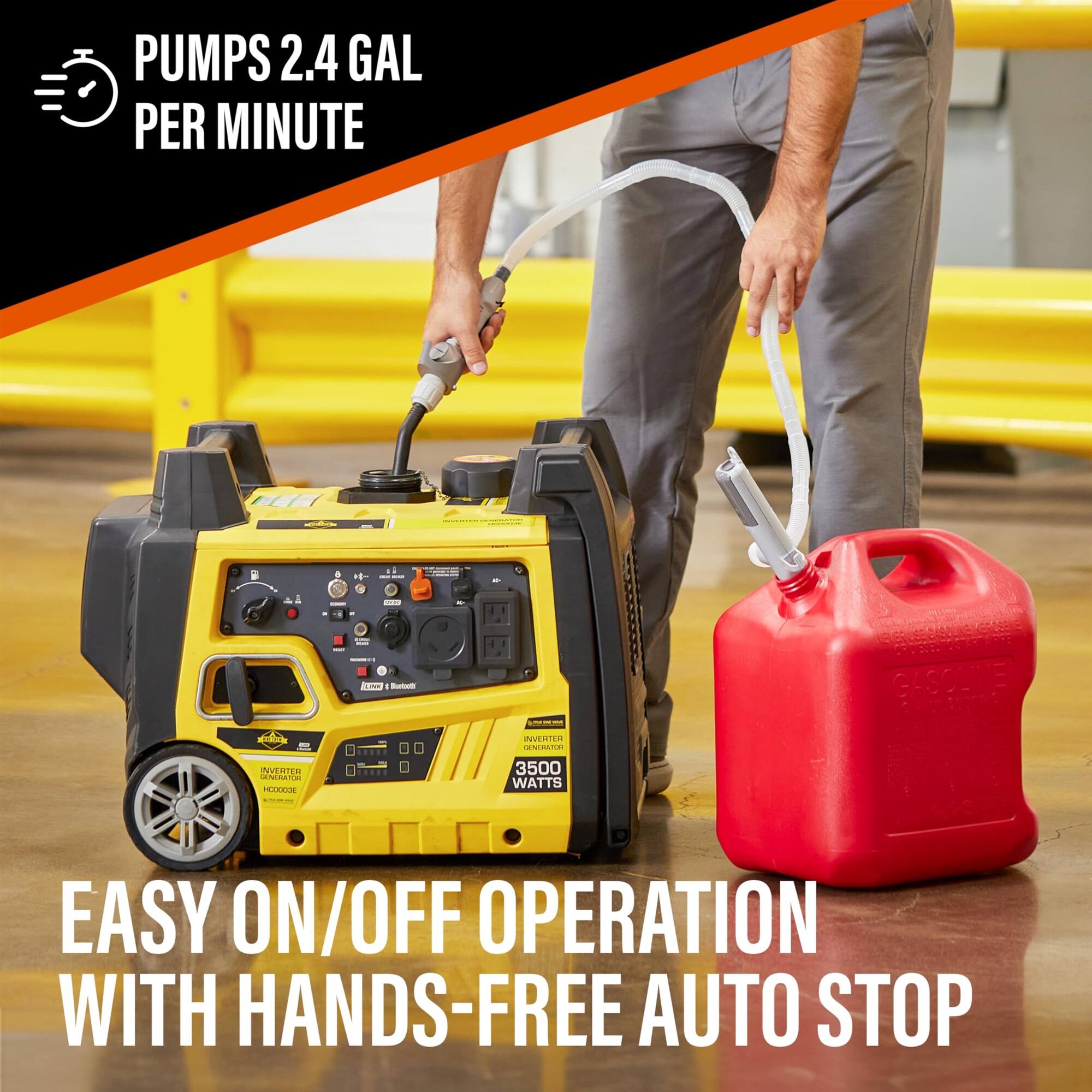 PUMPS 2.4 GAL PER MINUTE, EASY ON/OFF OPERATION WITH HANDS-FREE AUTO STOP, GASOLINE INVERTER GENERATOR, 3500 WATTS