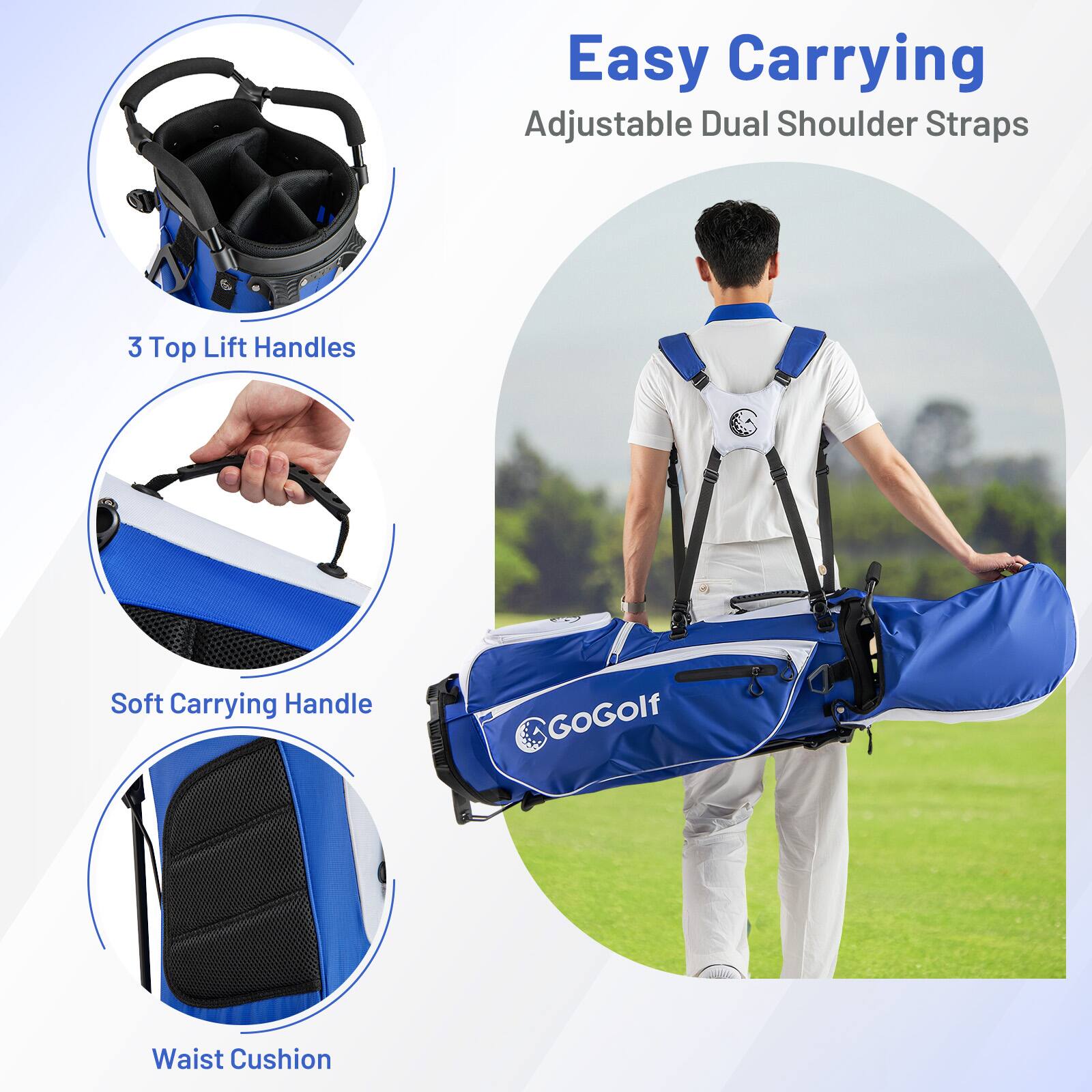 Easy Carrying  
Adjustable Dual Shoulder Straps  
3 Top Lift Handles  
Soft Carrying Handle  
Waist Cushion  
GOGolf