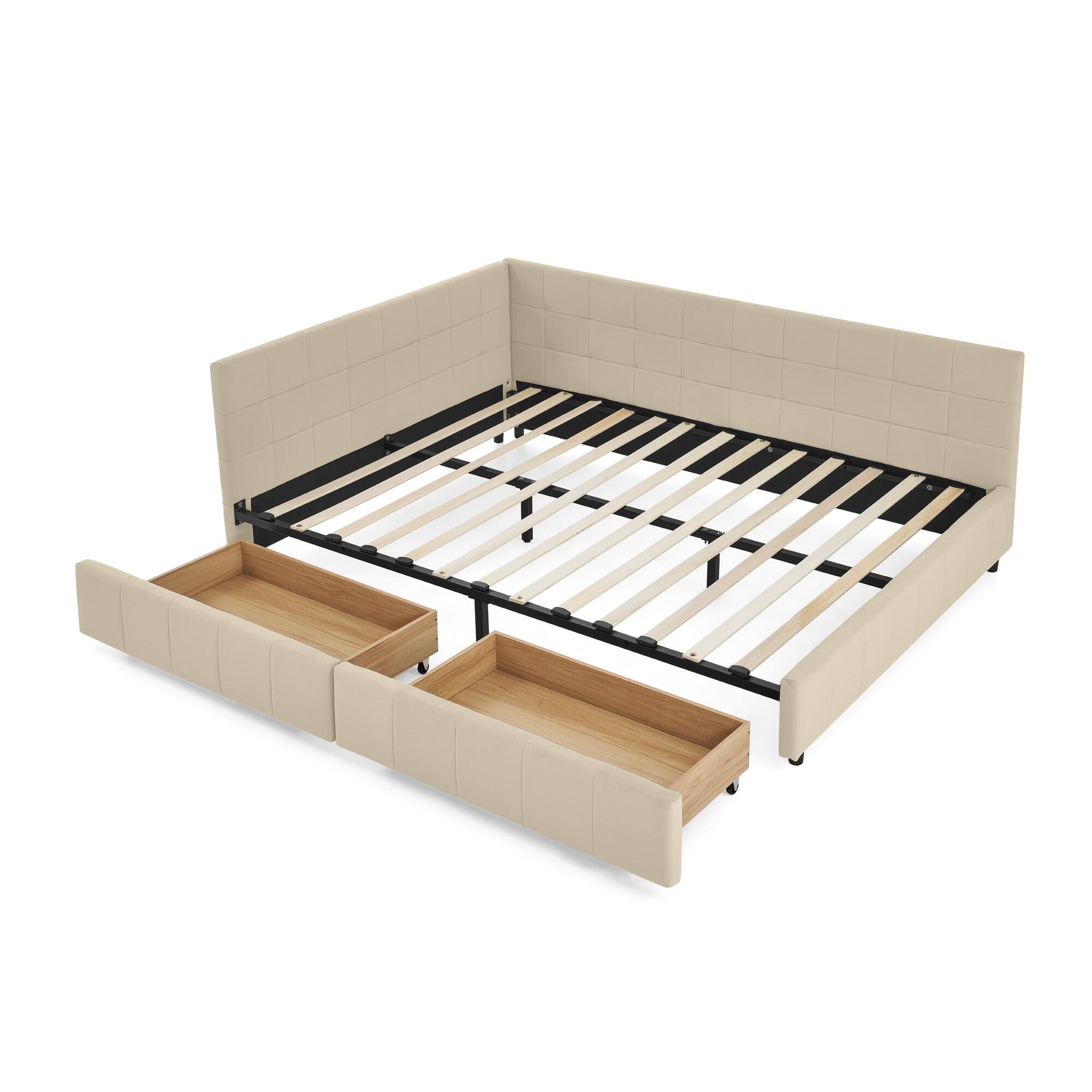 Back. Anysun - Queen Velvet Tufted Storage Bed Frame - Sofa Bed with Backrest & Armrests for Bedroom or Living Room - Beige.