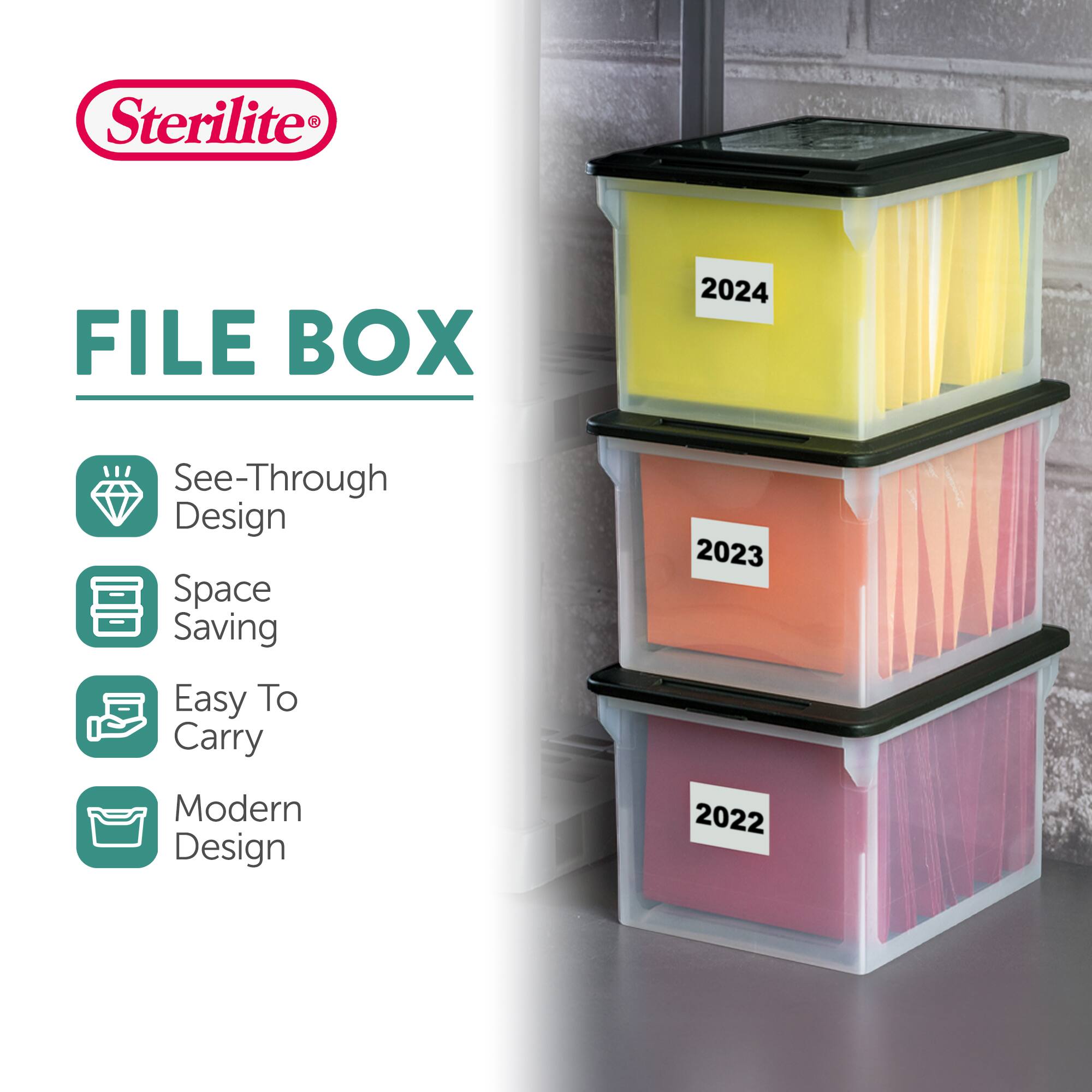Sterilite FILE BOX  
See-Through Design  
Space Saving  
Easy To Carry  
Modern Design  

2024  
2023  
2022