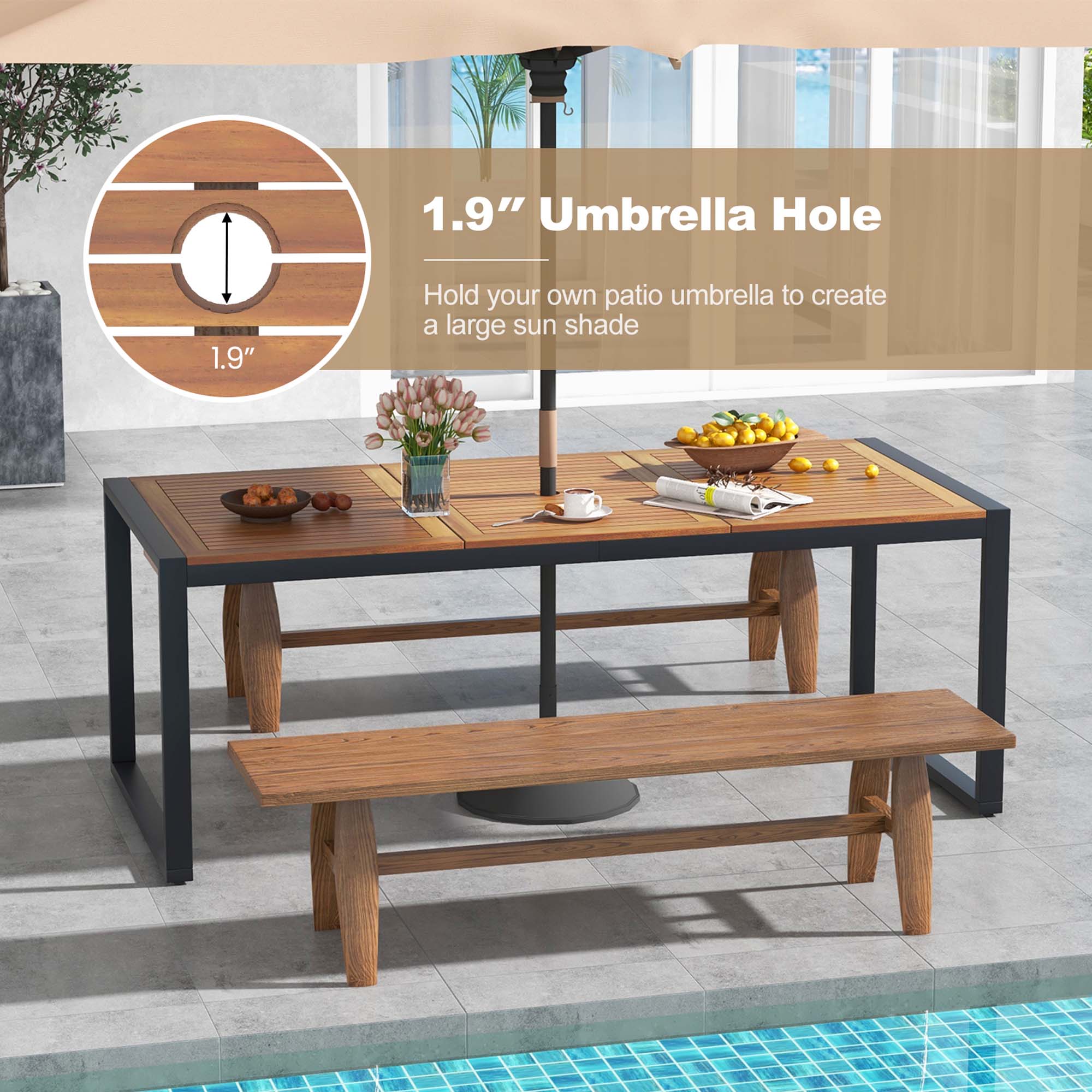 1.9" Umbrella Hole

Hold your own patio umbrella to create a large sun shade