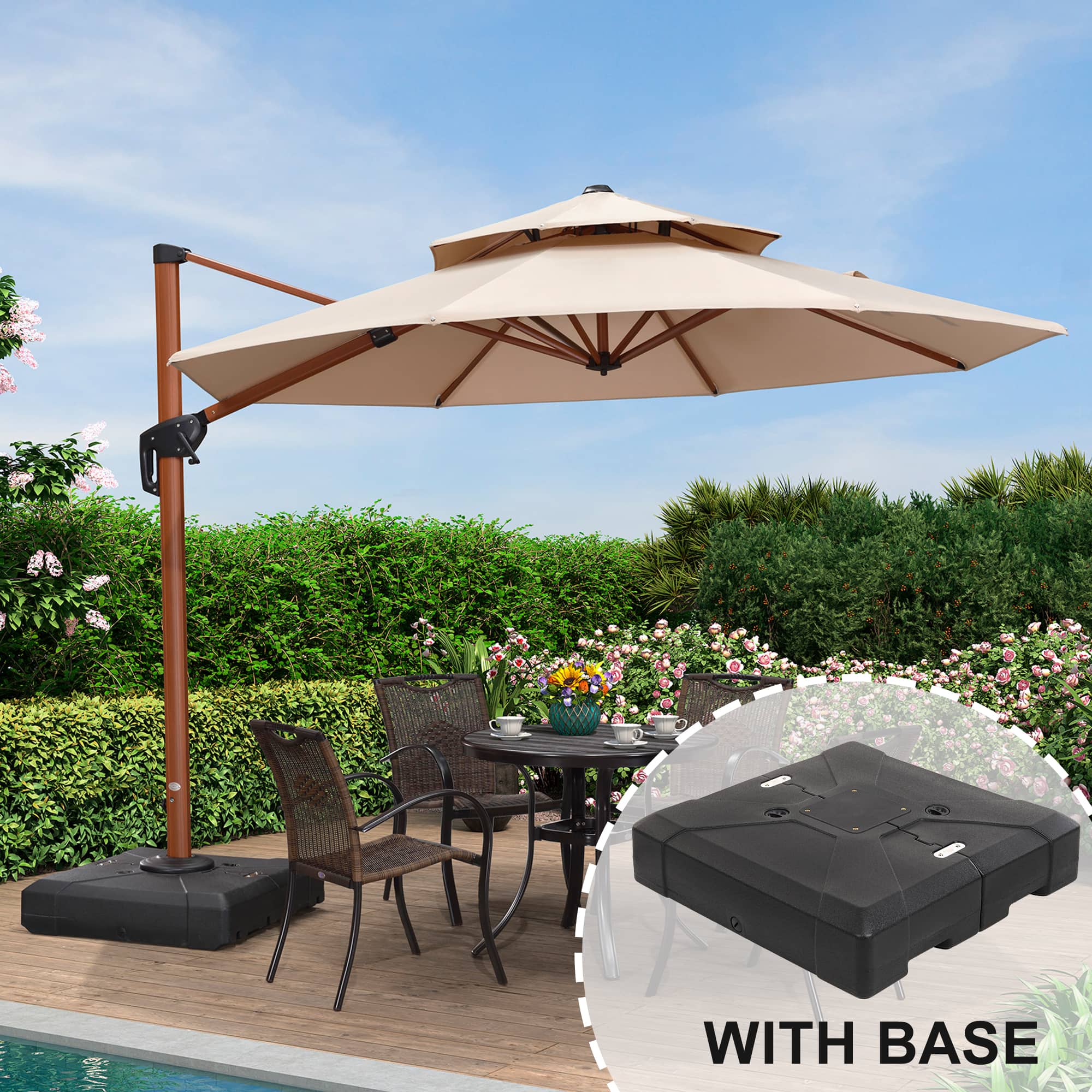 PURPLE LEAF - 10 ft. Patio Octagon Outdoor Large Cantilever Umbrella Windproof Offset Heavy Duty Sun Umbrella with Base for Garden - Beige