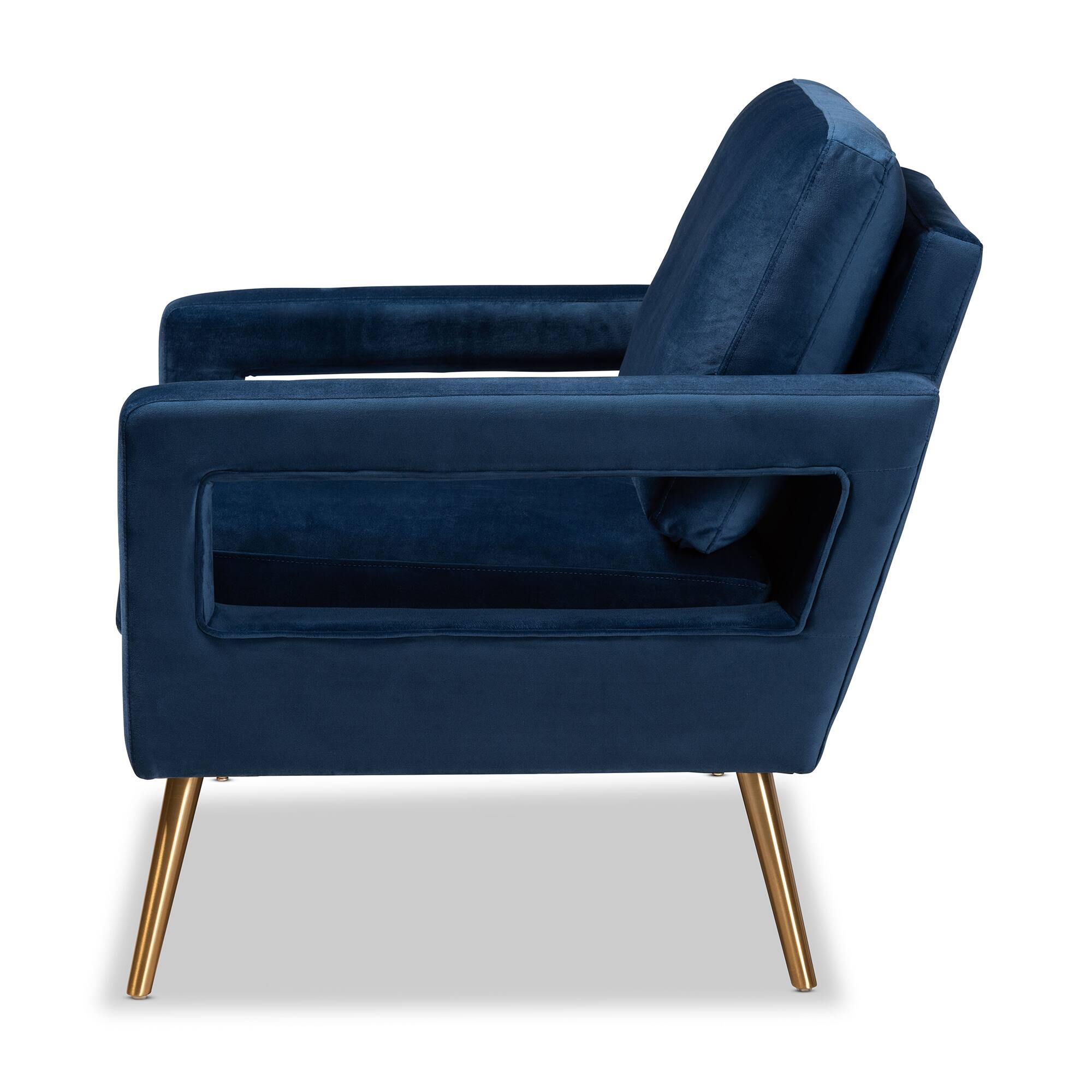 Left. Baxton Studio - Leland Glam and Luxe Velvet Fabric Upholstered and Gold Finished Armchair - Navy Blue/Gold.