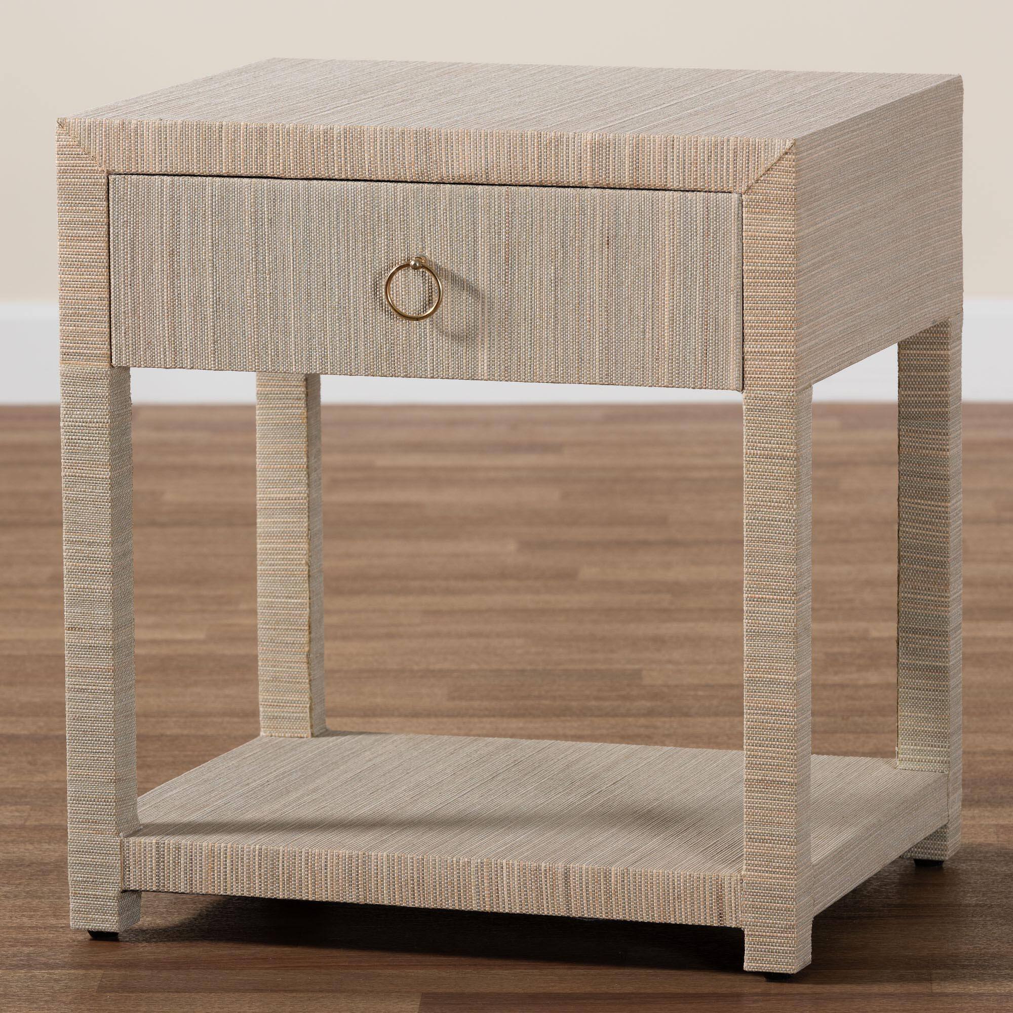 Alt View 6. bali & pari - Nata Bohemian Woven Natural Grasscloth 1-Drawer Nightstand - Natural/Gold.