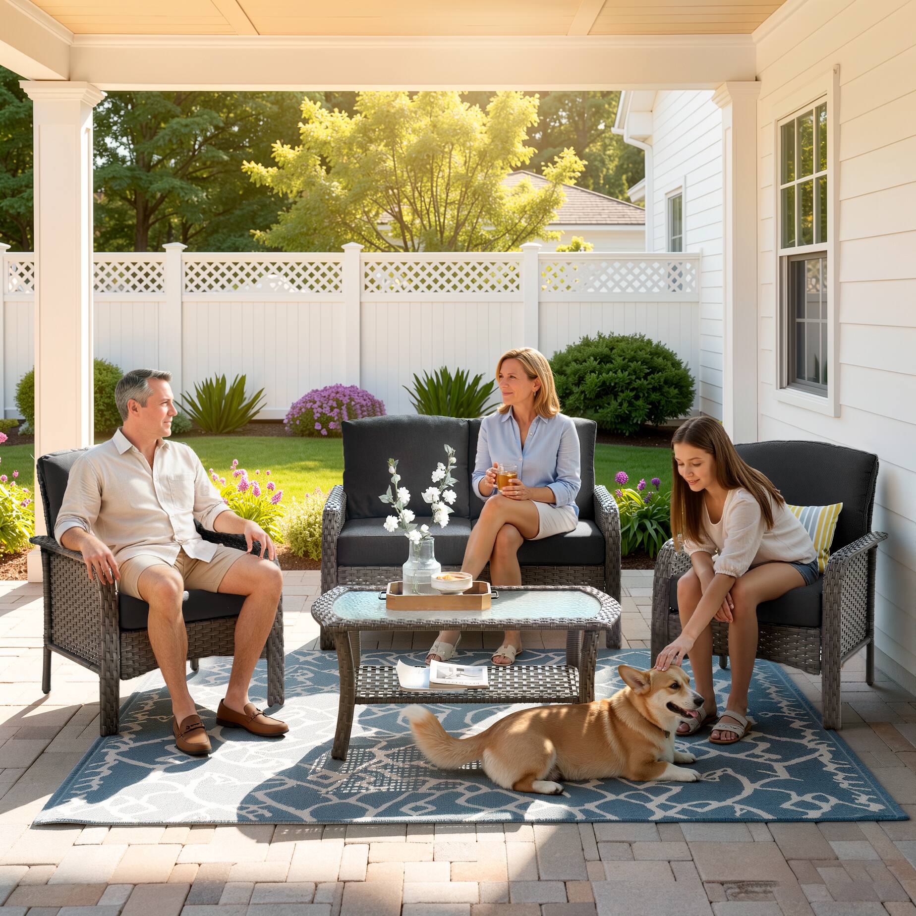 Alt View 2. Ovios - 4 PCS Patio Furniture Set, Outdoor Wicker Sofa with Armchairs & Coffee Table for Garden - Black.