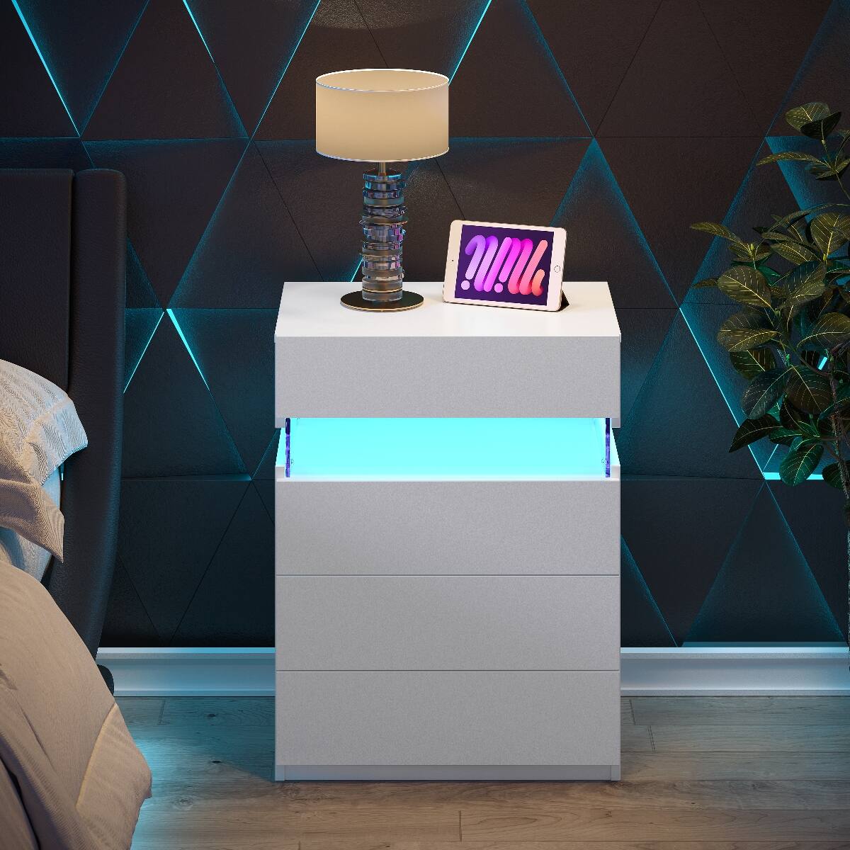 Alt View 4. Loheer - Loheer White LED Nightstand, Four Drawer Bedside Table with Adjustable Multicolor Lights - White.